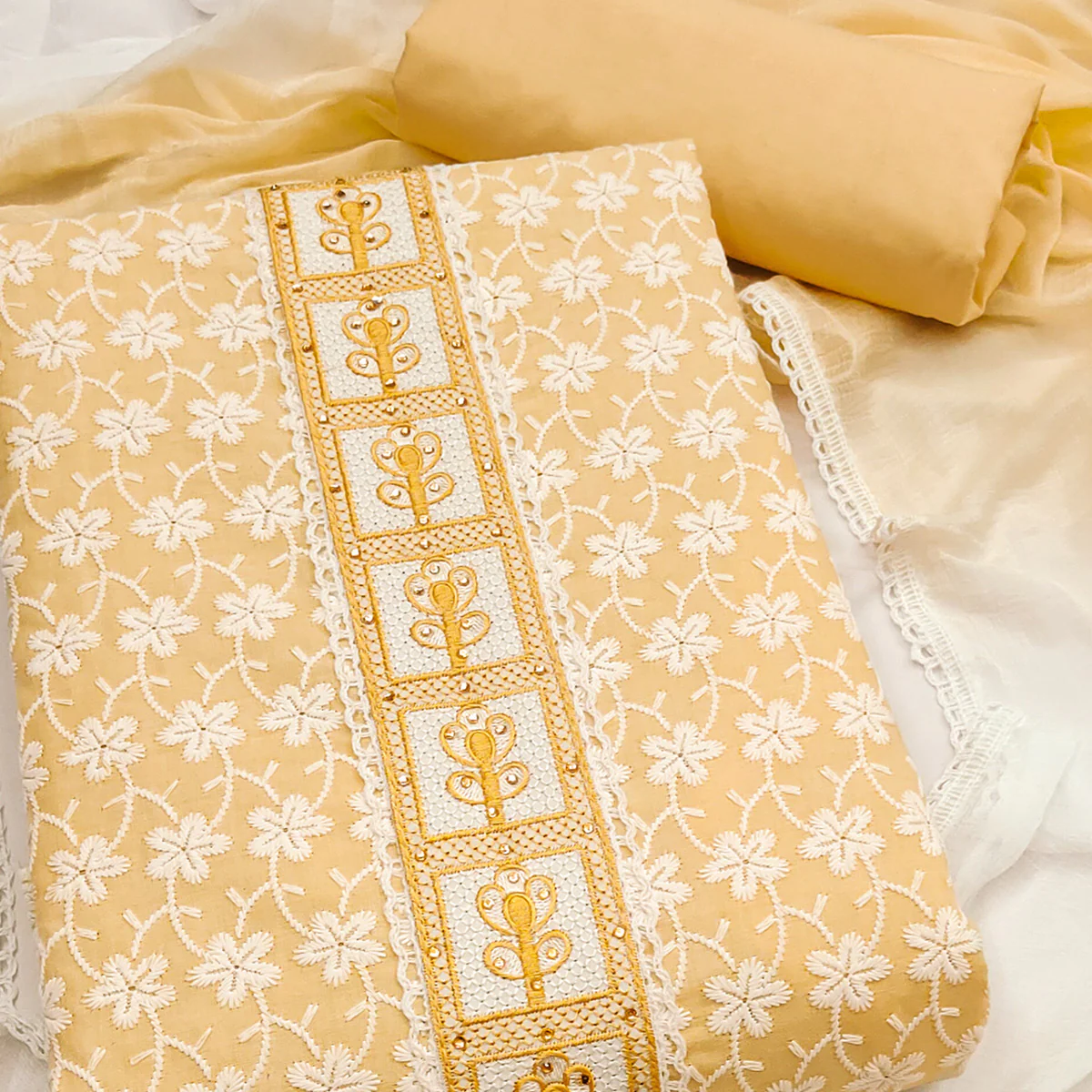 Yellow Floral Chikankari Embroidered With Stone Work Dress Material In Premium Cotton Blend - Image 2