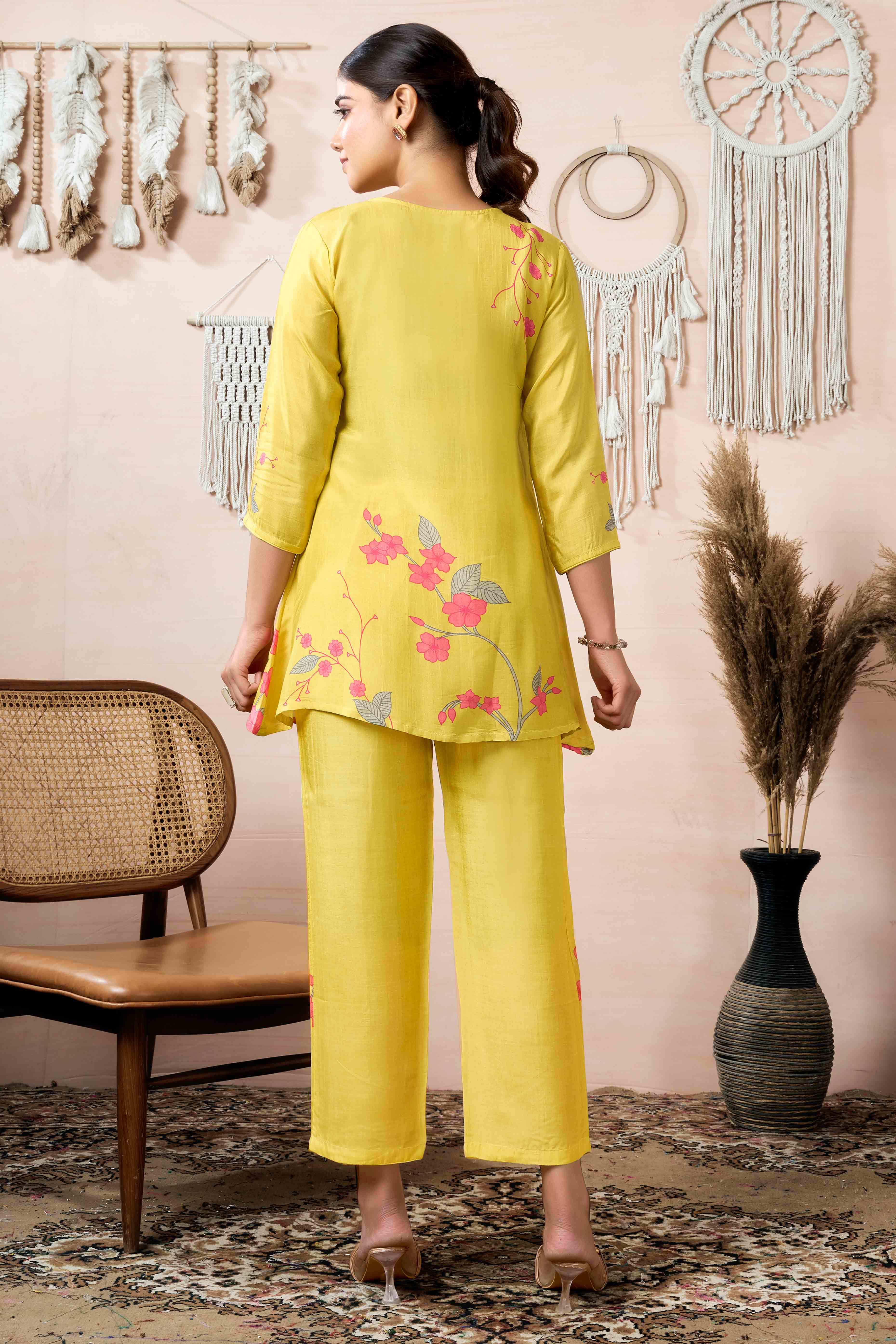 Yellow Floral Digital Print With Handwork Muslin Co-Ord Set - Image 4