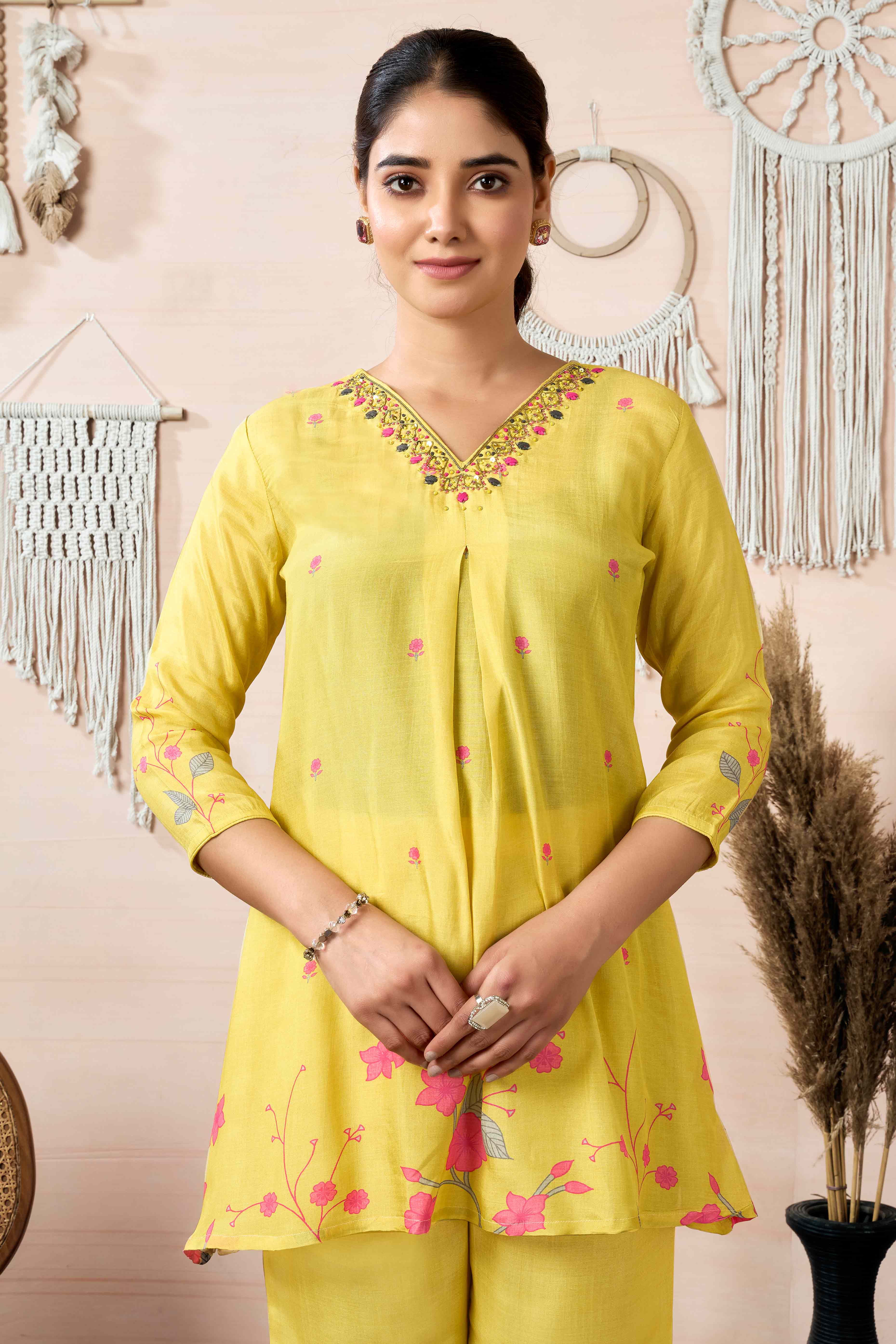 Yellow Floral Digital Print With Handwork Muslin Co-Ord Set - Image 5