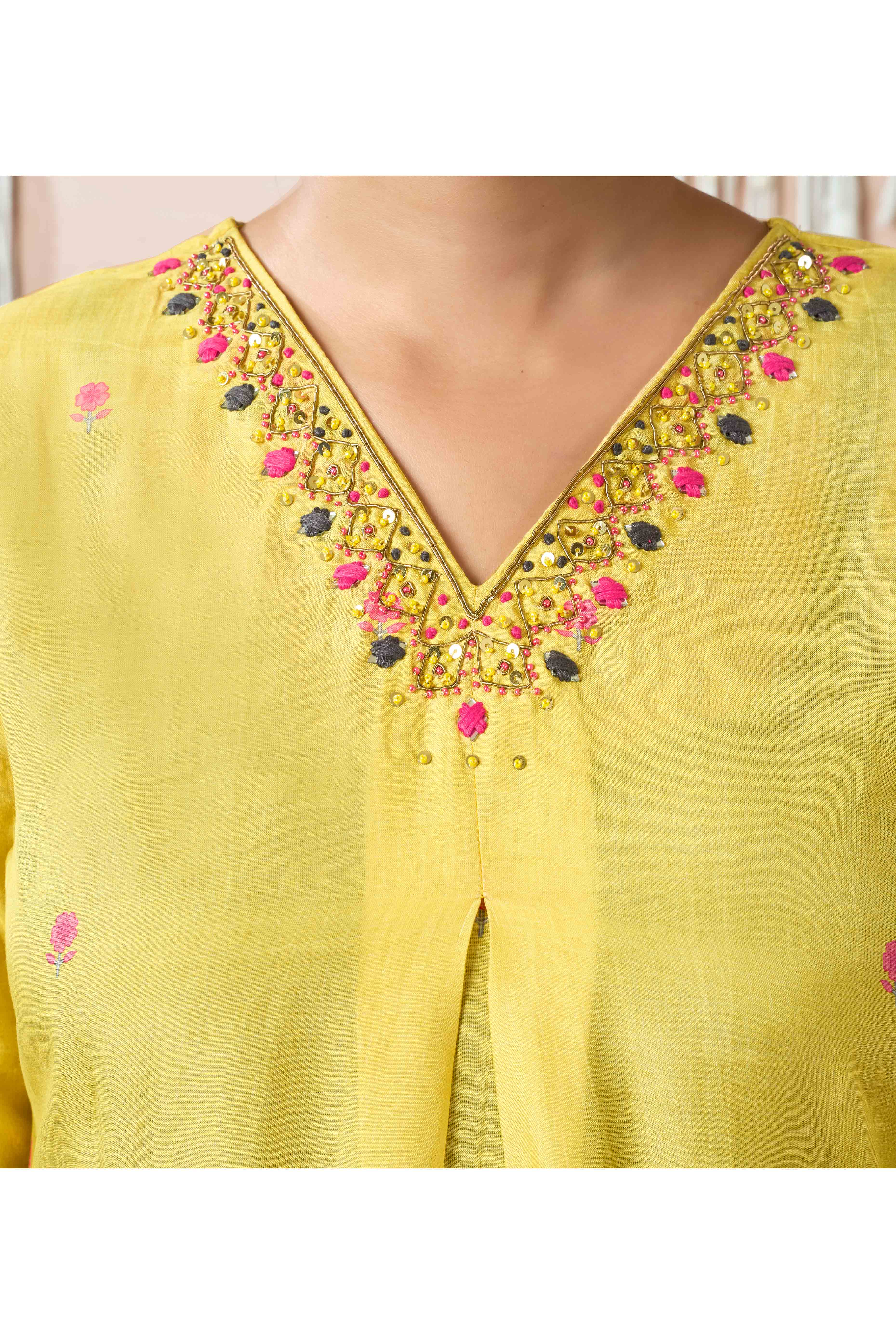 Yellow Floral Digital Print With Handwork Muslin Co-Ord Set - Image 6