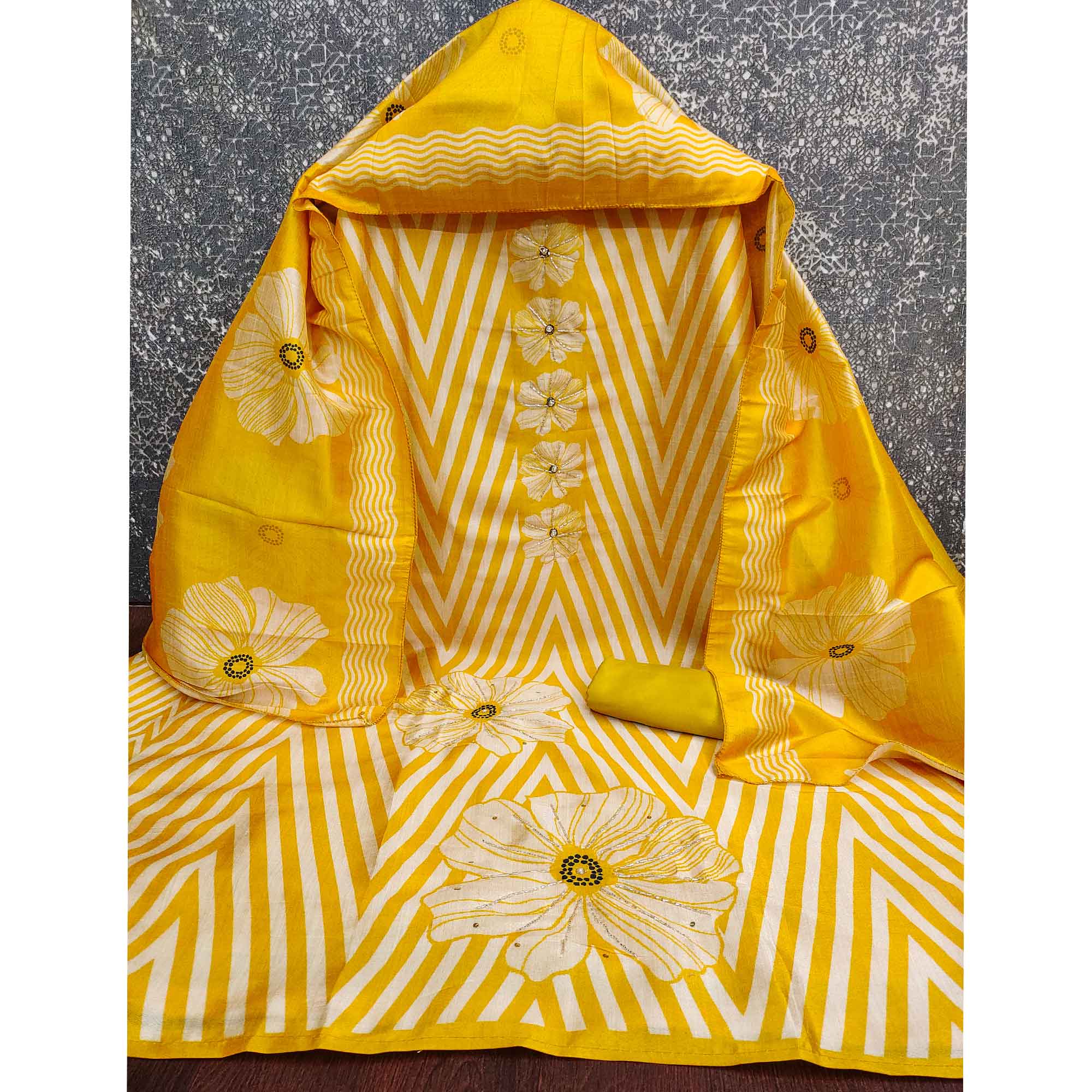 Yellow Floral Digital Printed Assam Art Silk Dress Material Adorned With Beads & Sequins Work - Image 3