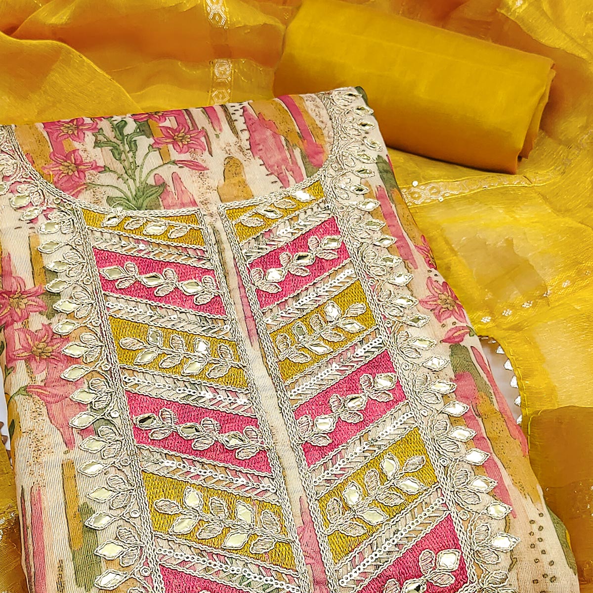 Yellow Floral Digital Printed Shimmer Silk Dress Material With Elegant Embroidery & Gota Patti Work - Image 2