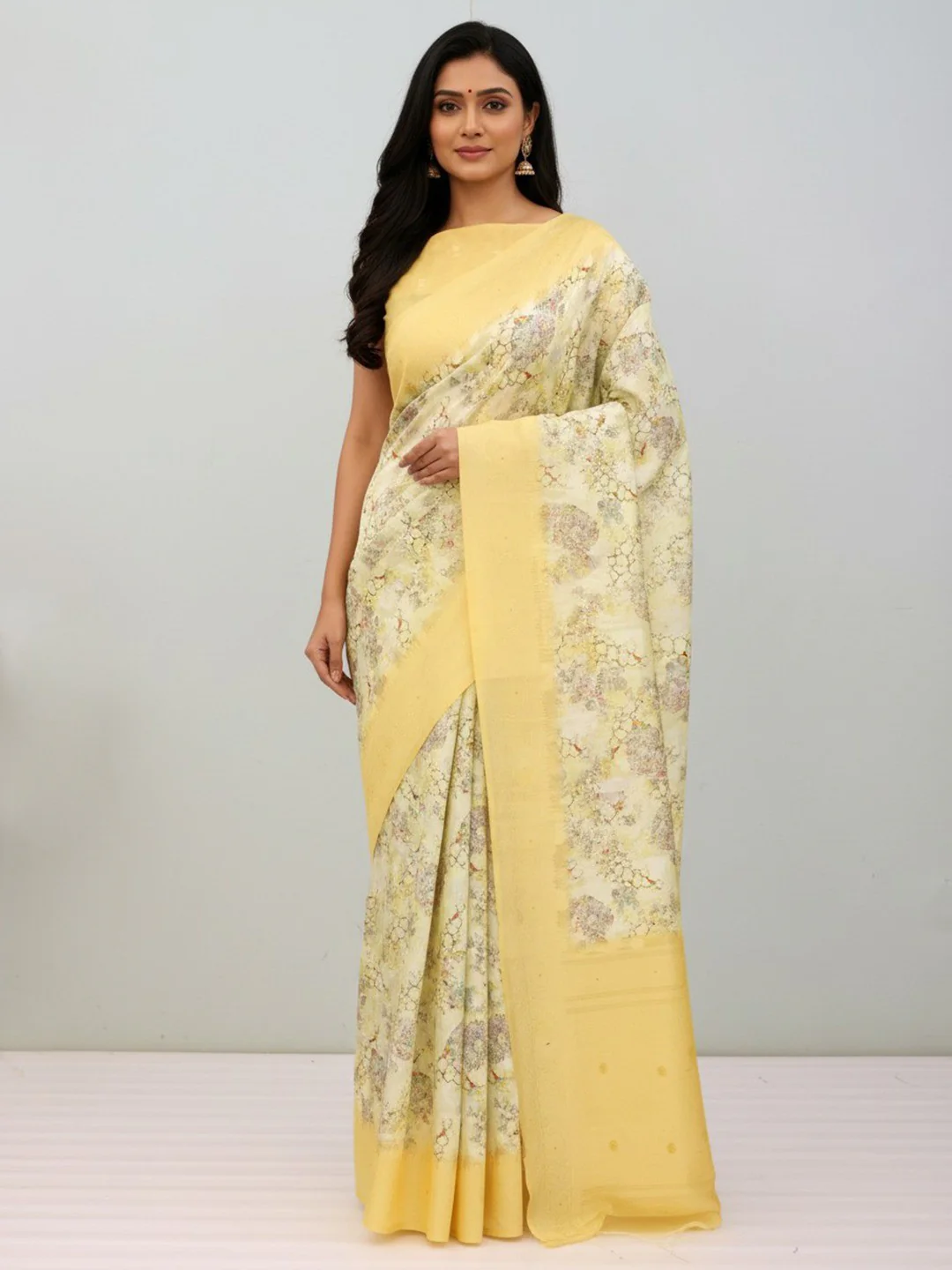 Yellow Floral Digital Printed Silk Blend Lucknowi Saree With Jacquard Woven Border & Pallu