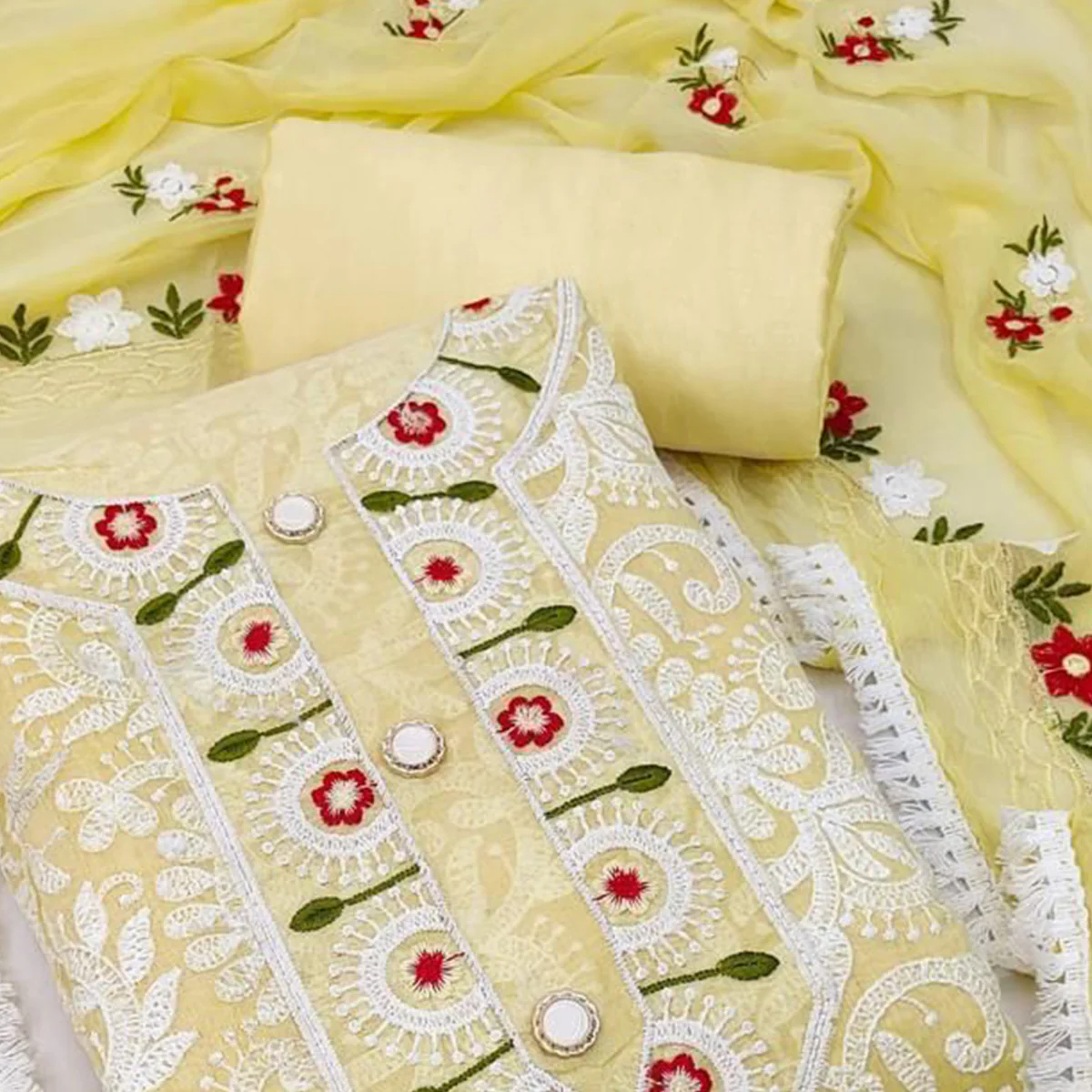 Yellow Floral Embroidered Chanderi Dress Material - Image 2