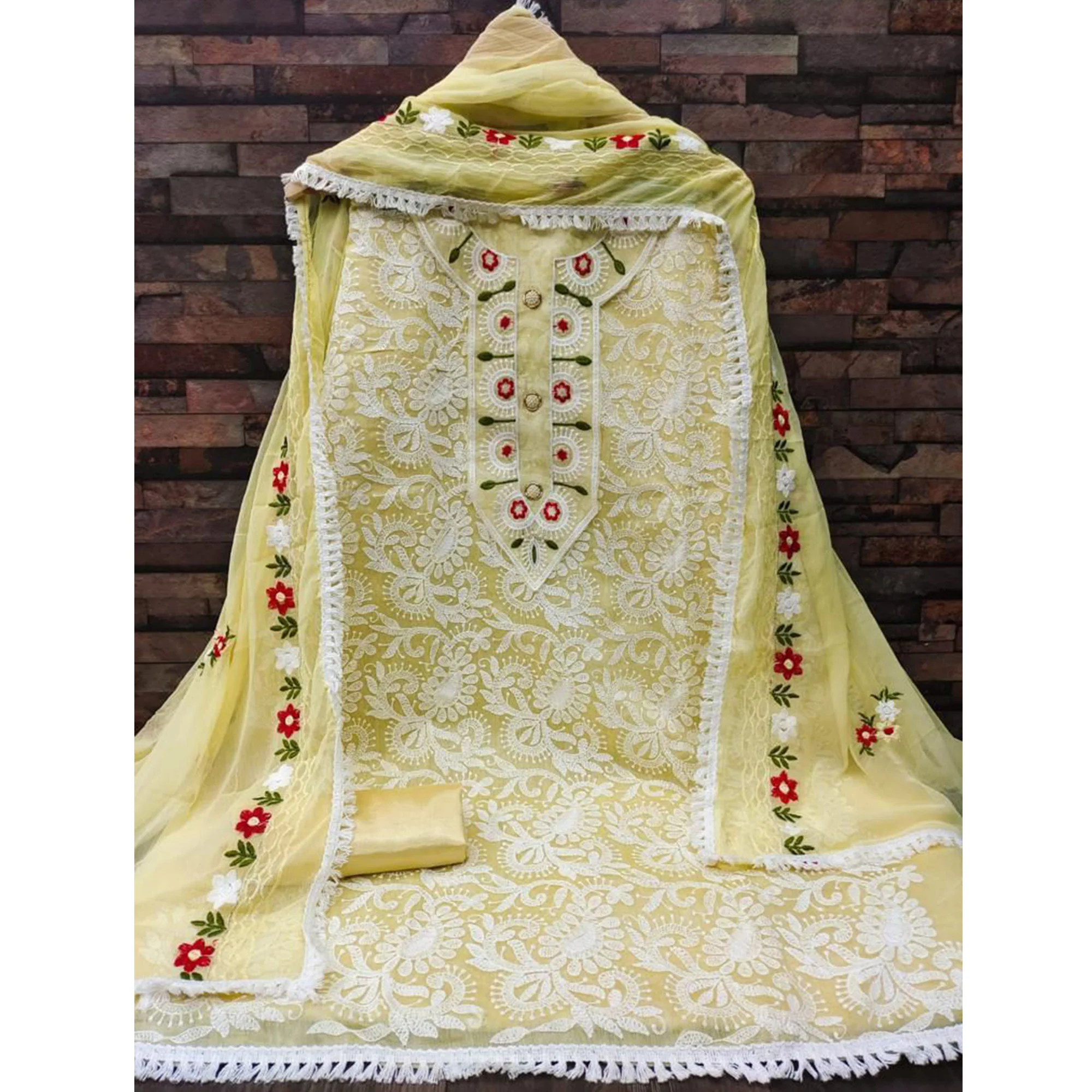 Yellow Floral Embroidered Chanderi Dress Material - Image 3