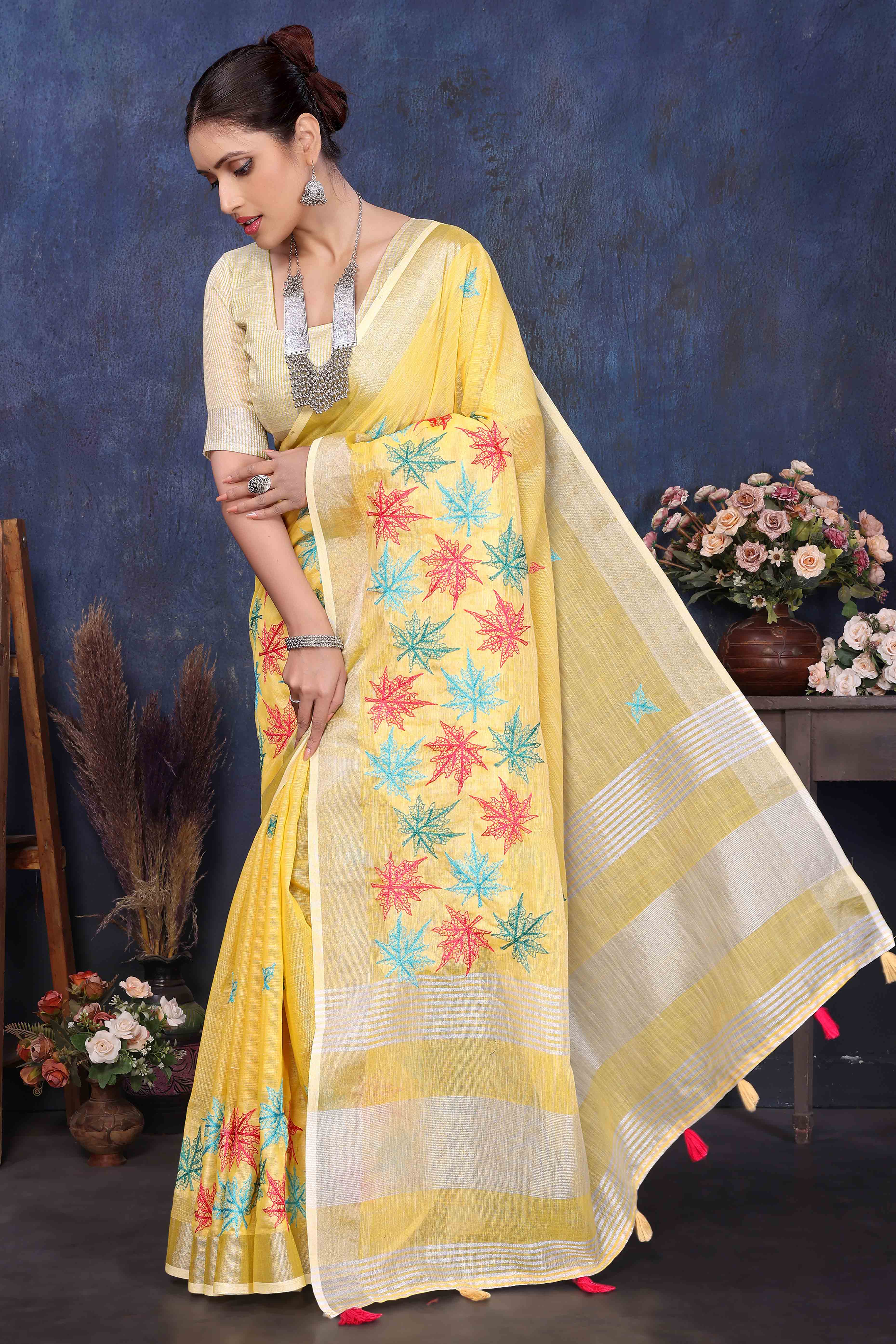 Yellow Floral Embroidered Cotton Silk Saree - Image 4