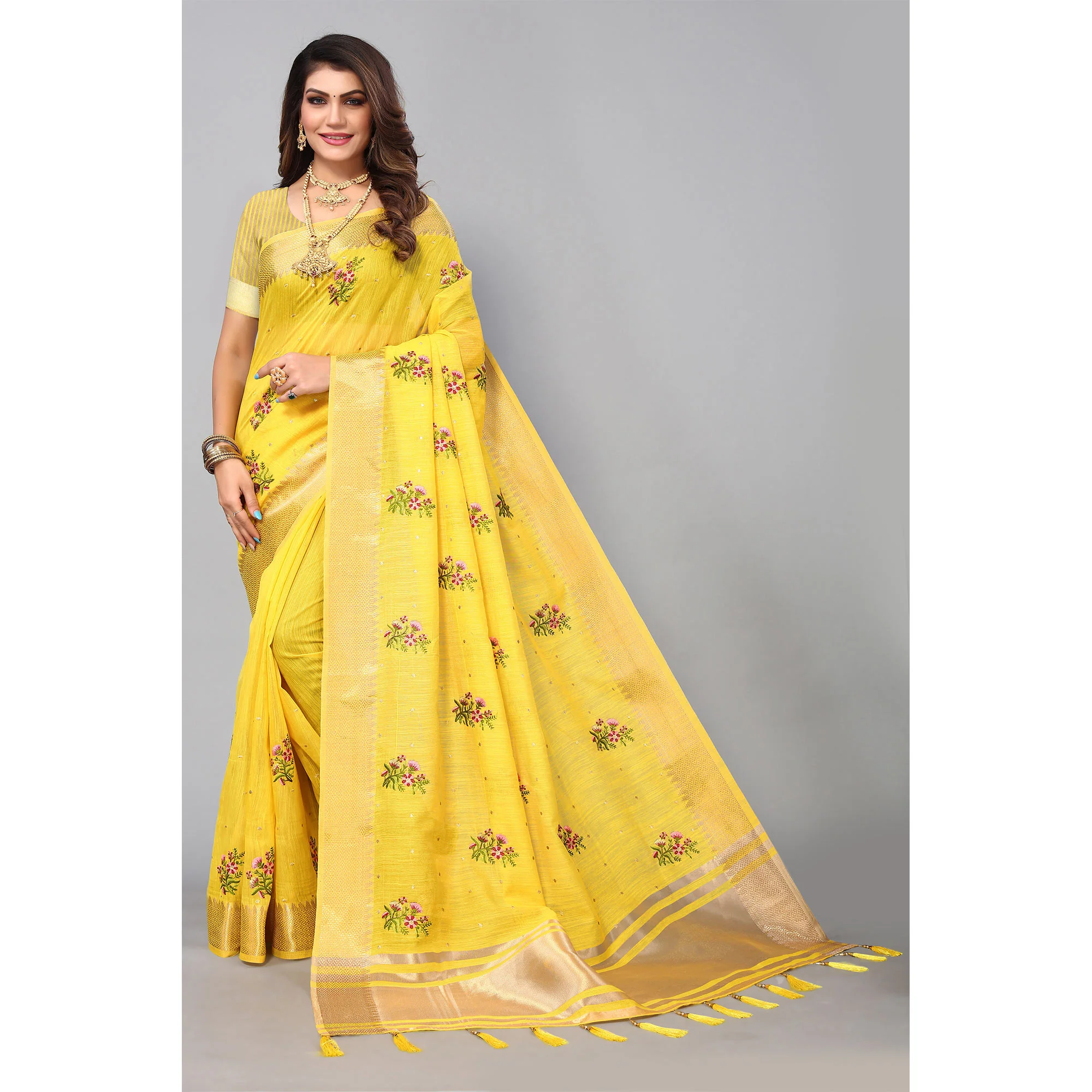 Yellow Floral Embroidered Cotton Silk Saree With Zari Border - Image 3