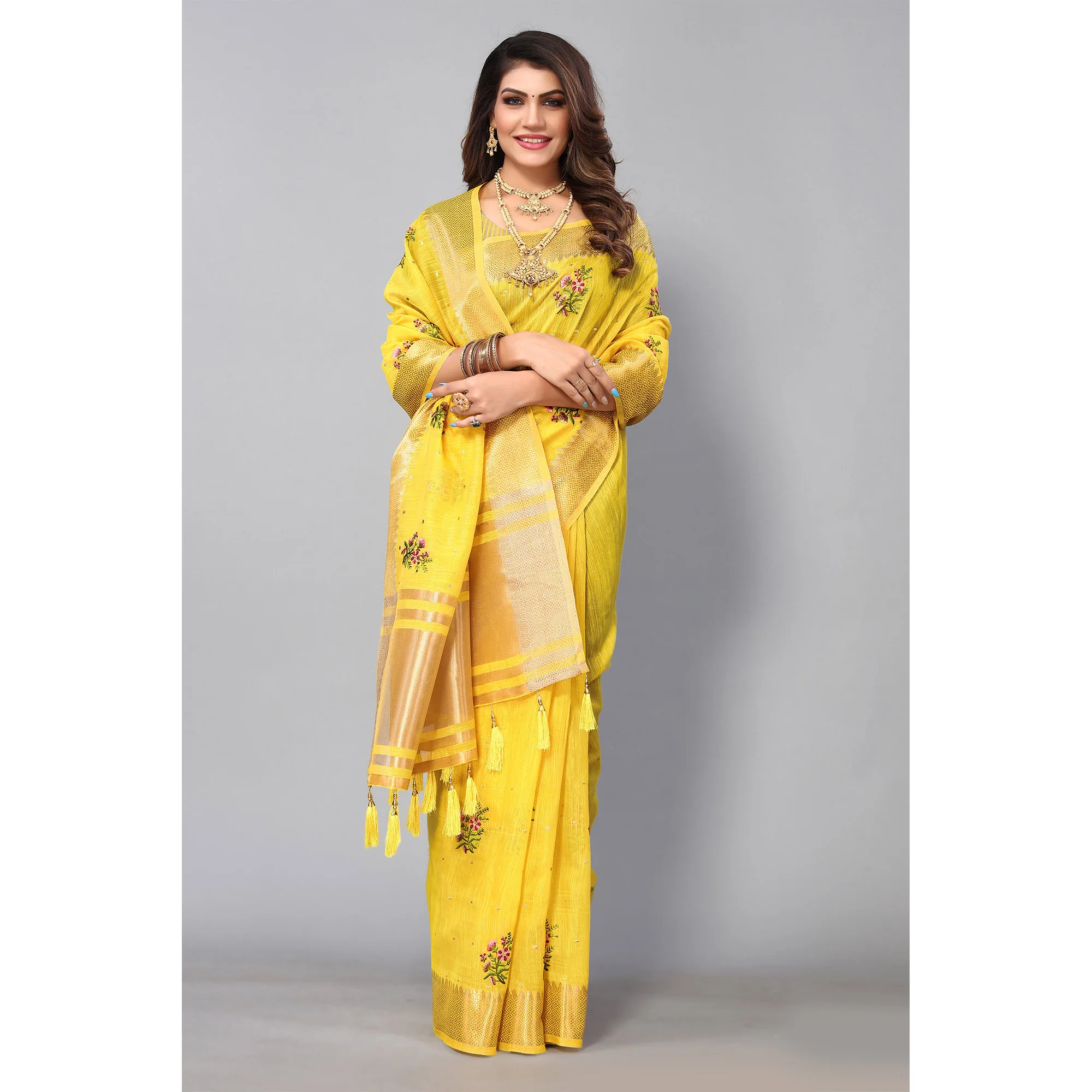Yellow Floral Embroidered Cotton Silk Saree With Zari Border - Image 5