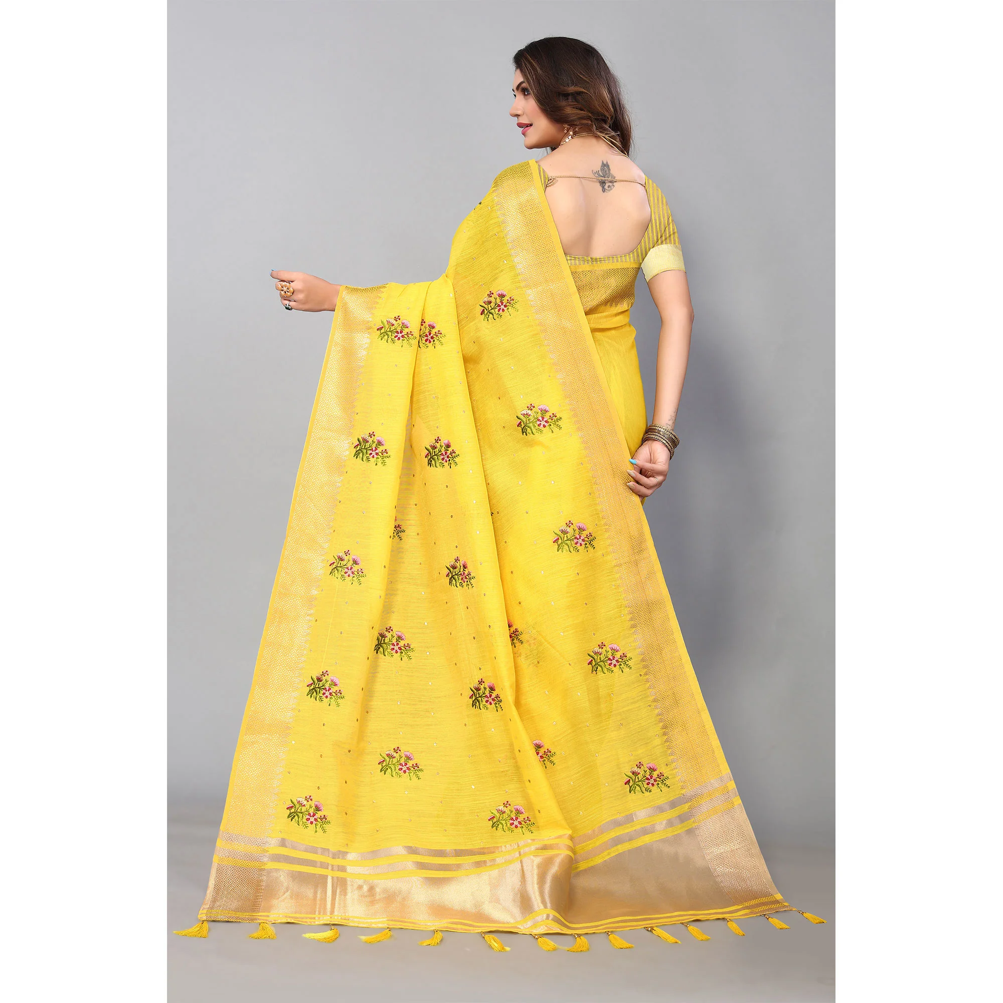 Yellow Floral Embroidered Cotton Silk Saree With Zari Border - Image 6