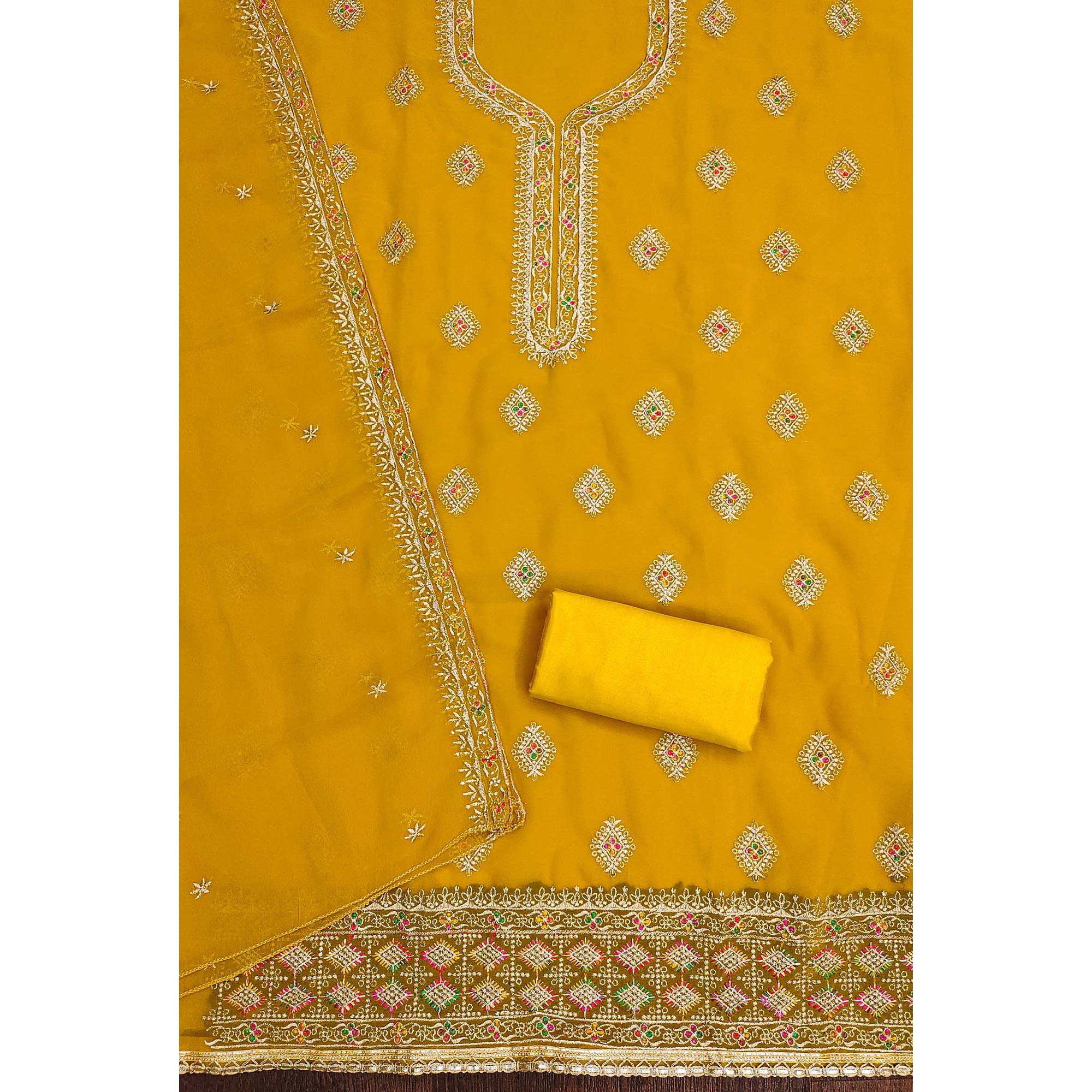 Yellow Floral Embroidered Georgette Dress Material - Image 4