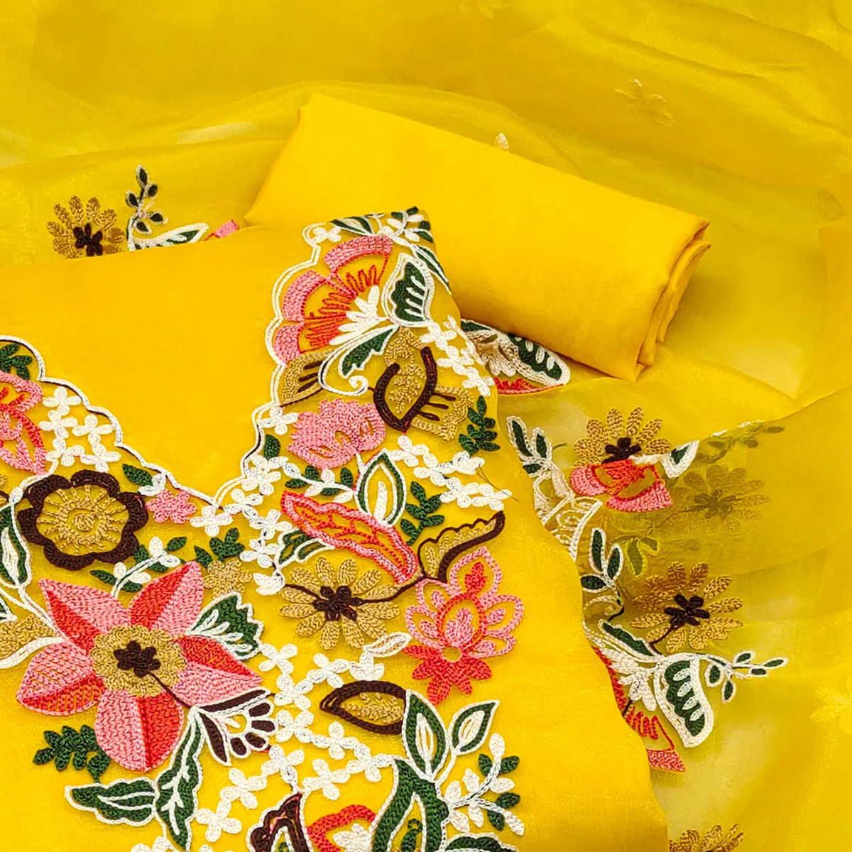 Yellow Floral Embroidered Organza Dress Material - Image 2