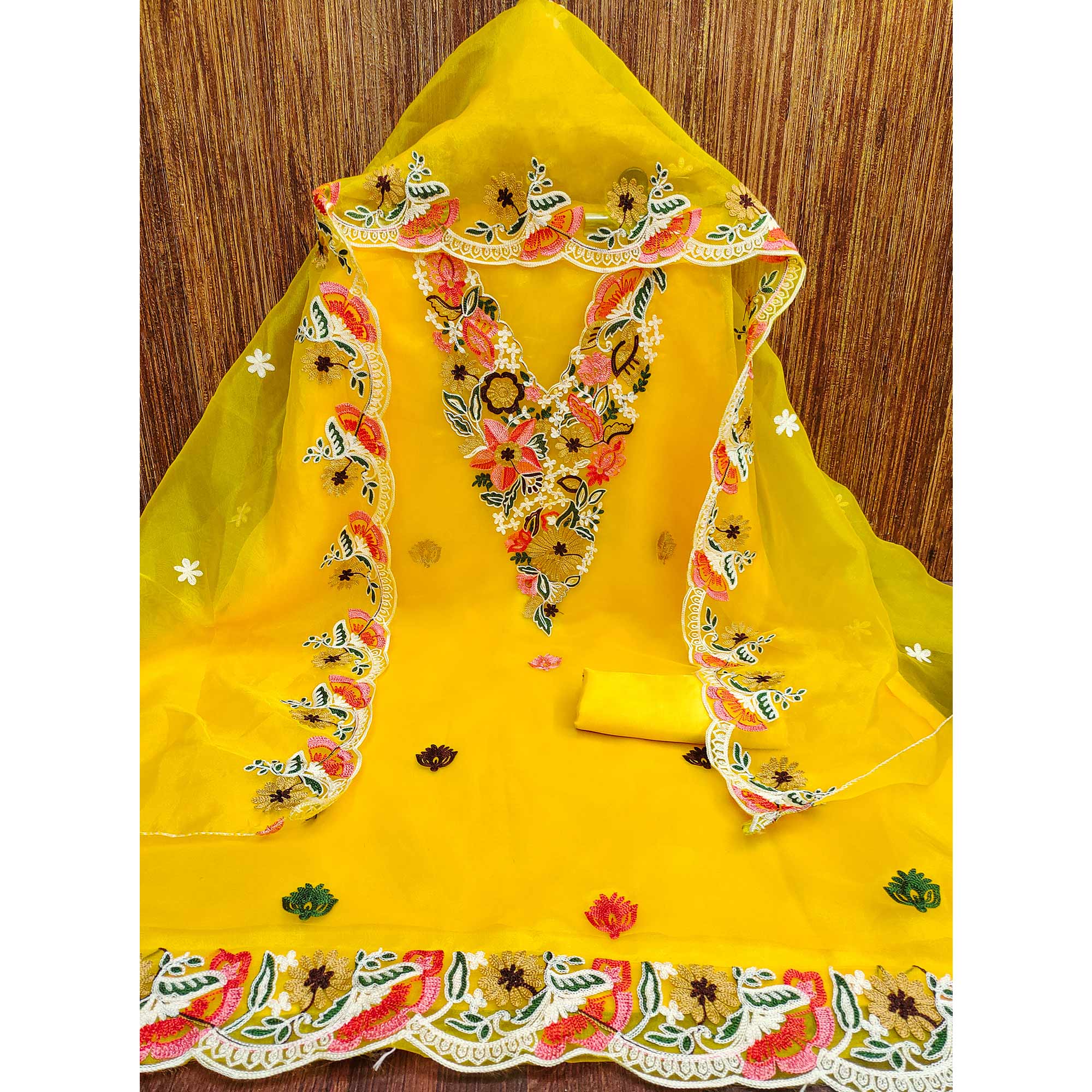 Yellow Floral Embroidered Organza Dress Material - Image 3