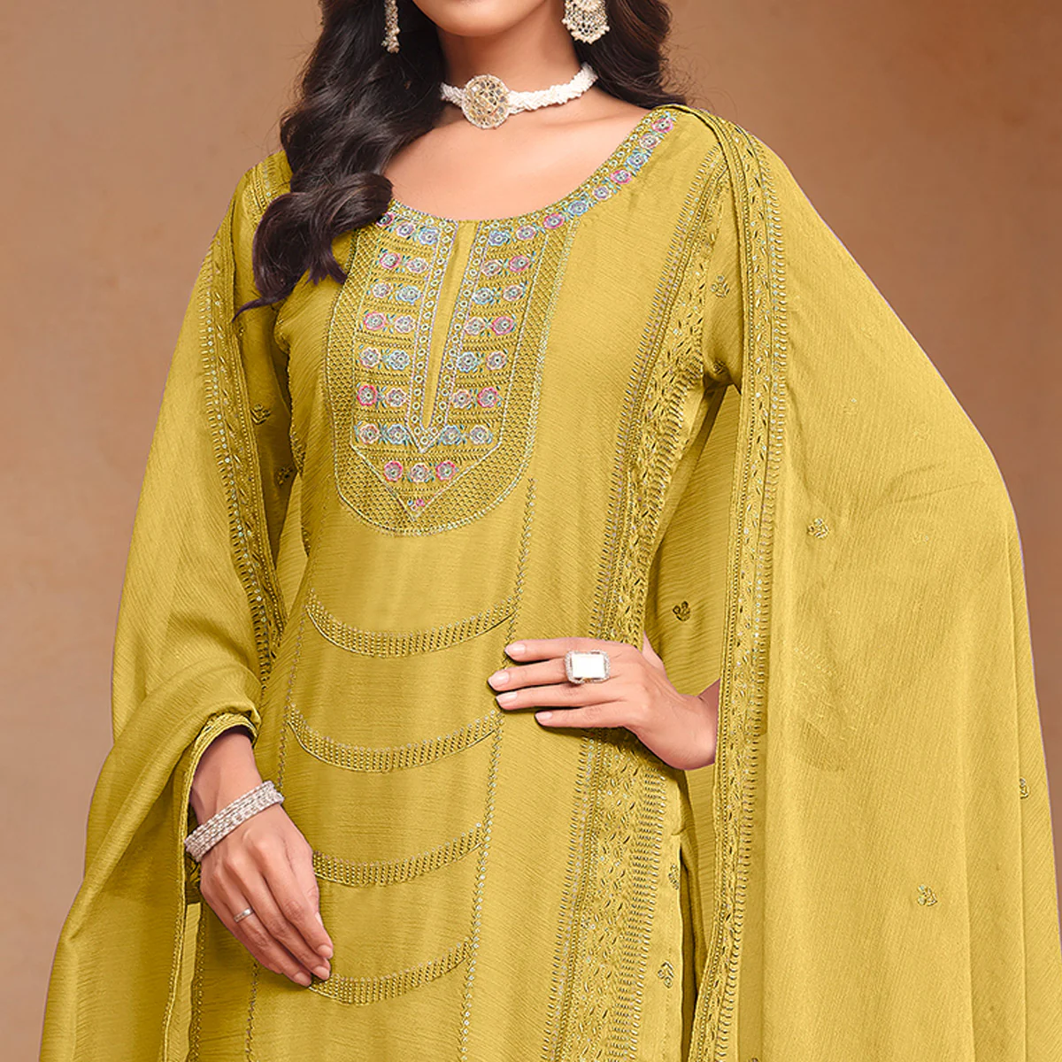 Yellow Floral Embroidered Organza Semi Stitched Salwar Suit - Image 3