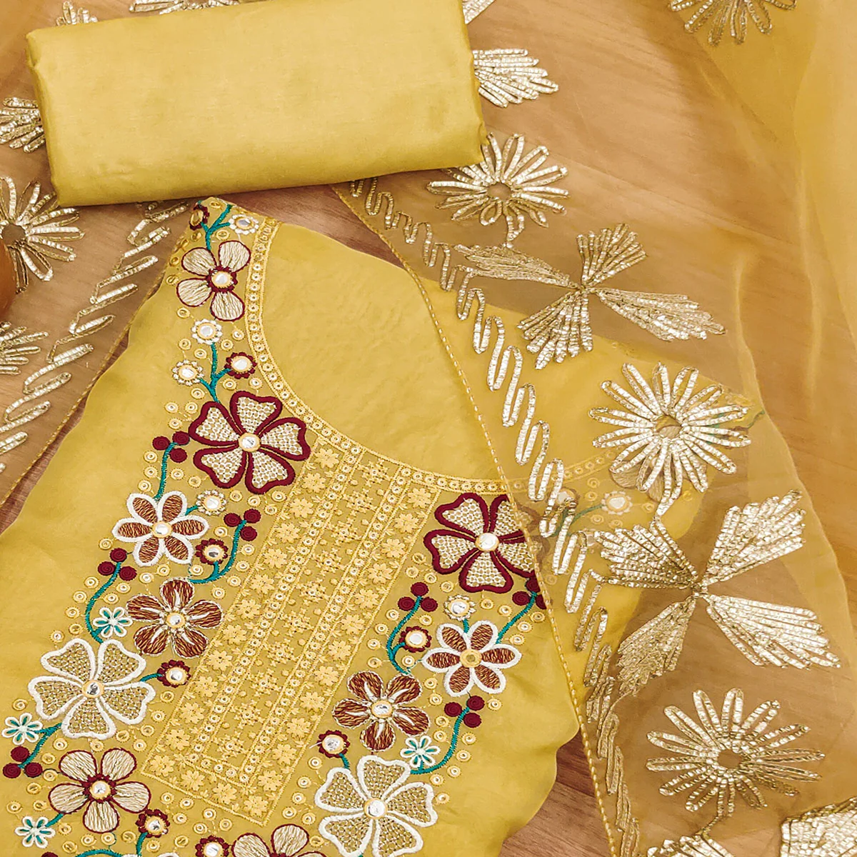 Yellow Floral Embroidered Soft Organza Dress Material - Image 2