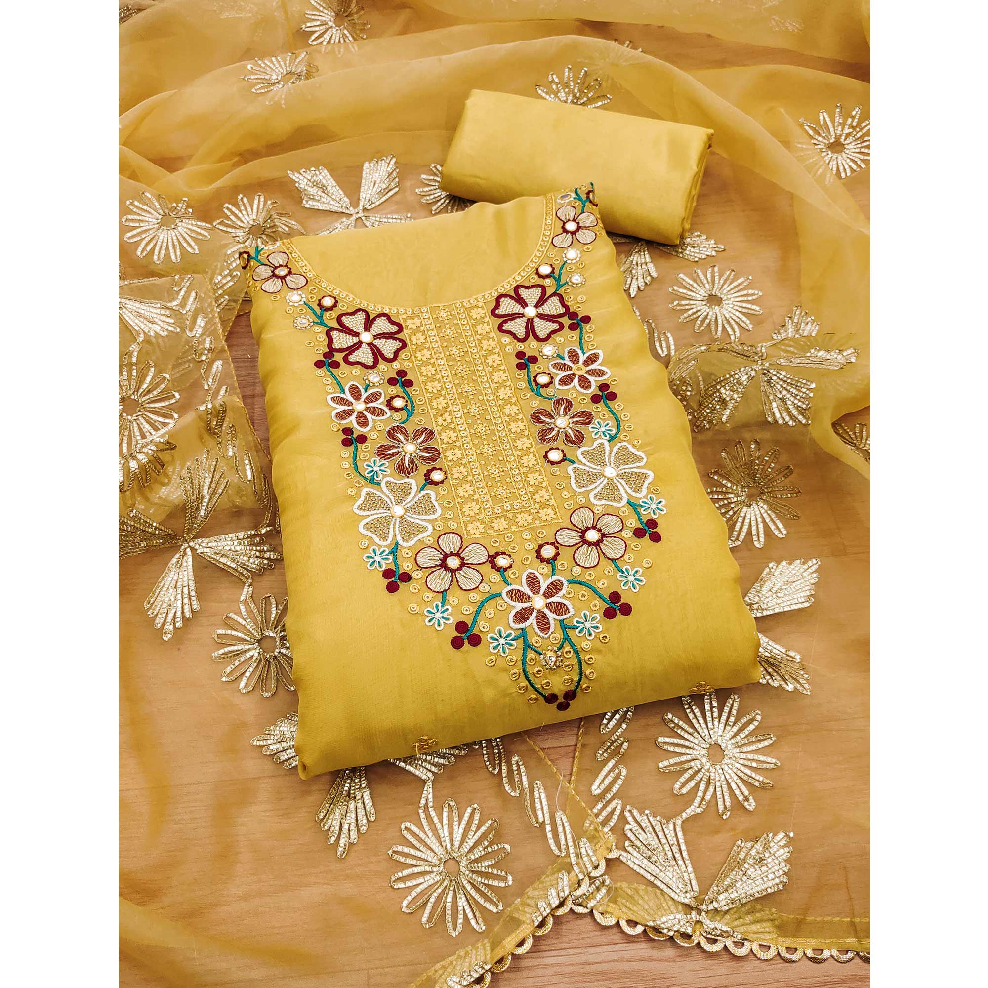 Yellow Floral Embroidered Soft Organza Dress Material - Image 3