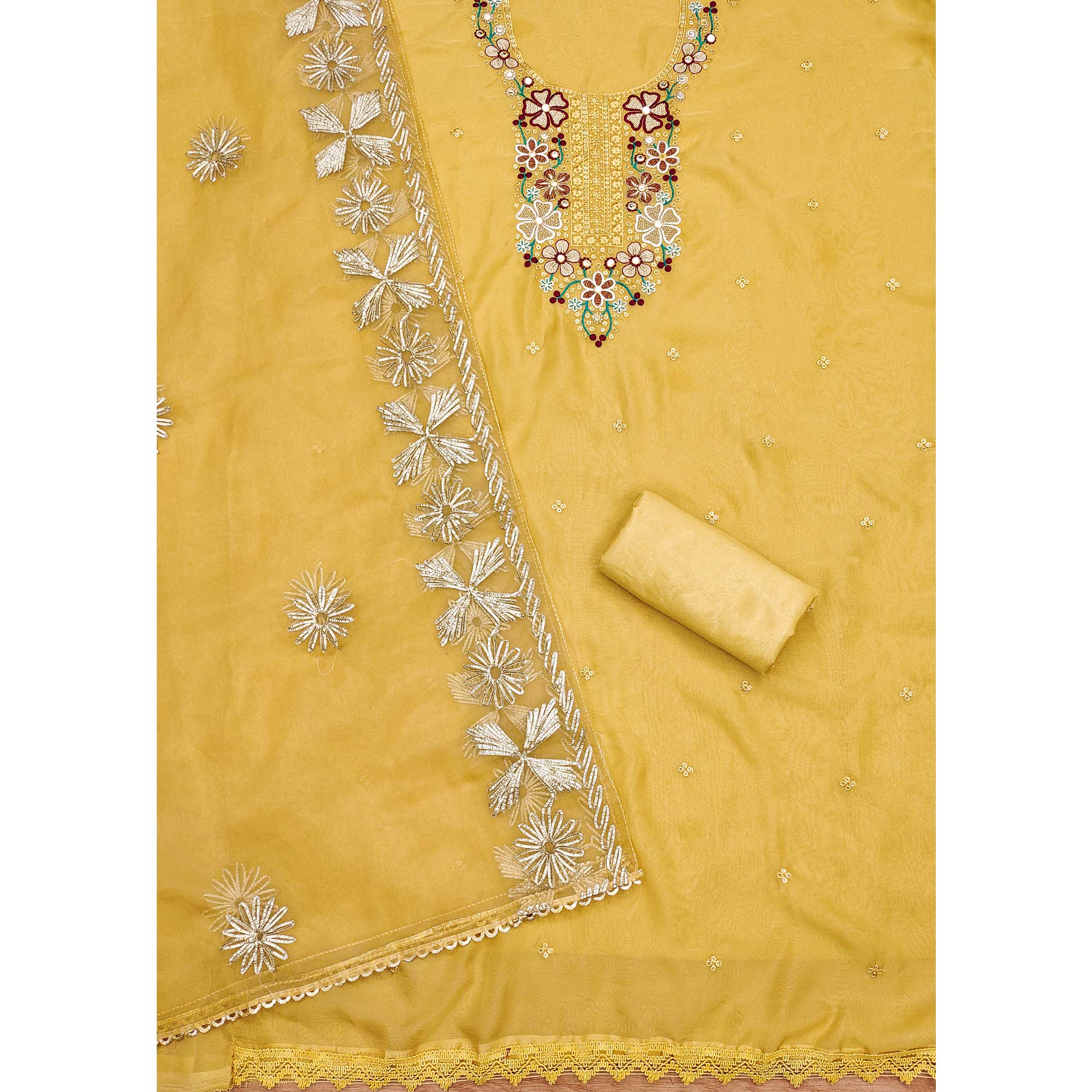 Yellow Floral Embroidered Soft Organza Dress Material - Image 4