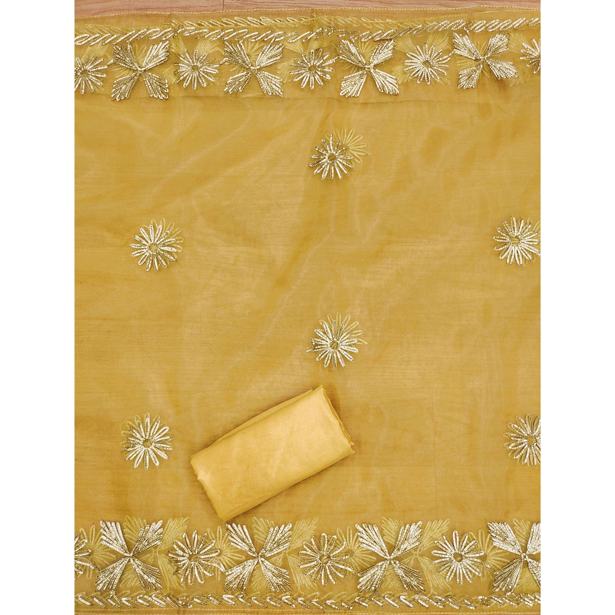 Yellow Floral Embroidered Soft Organza Dress Material - Image 5
