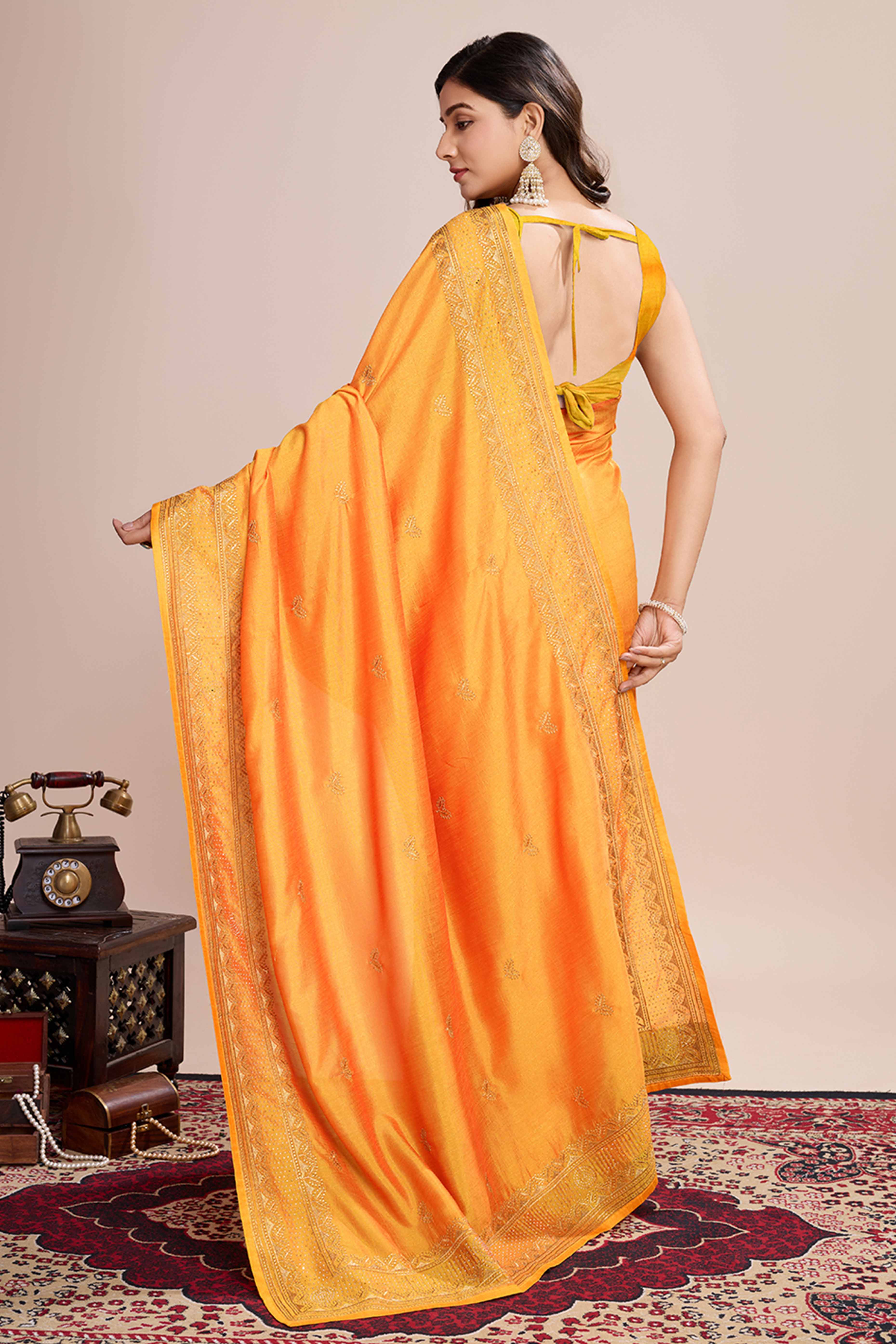 Yellow Floral Embroidered Vichitra Silk Saree - Image 5