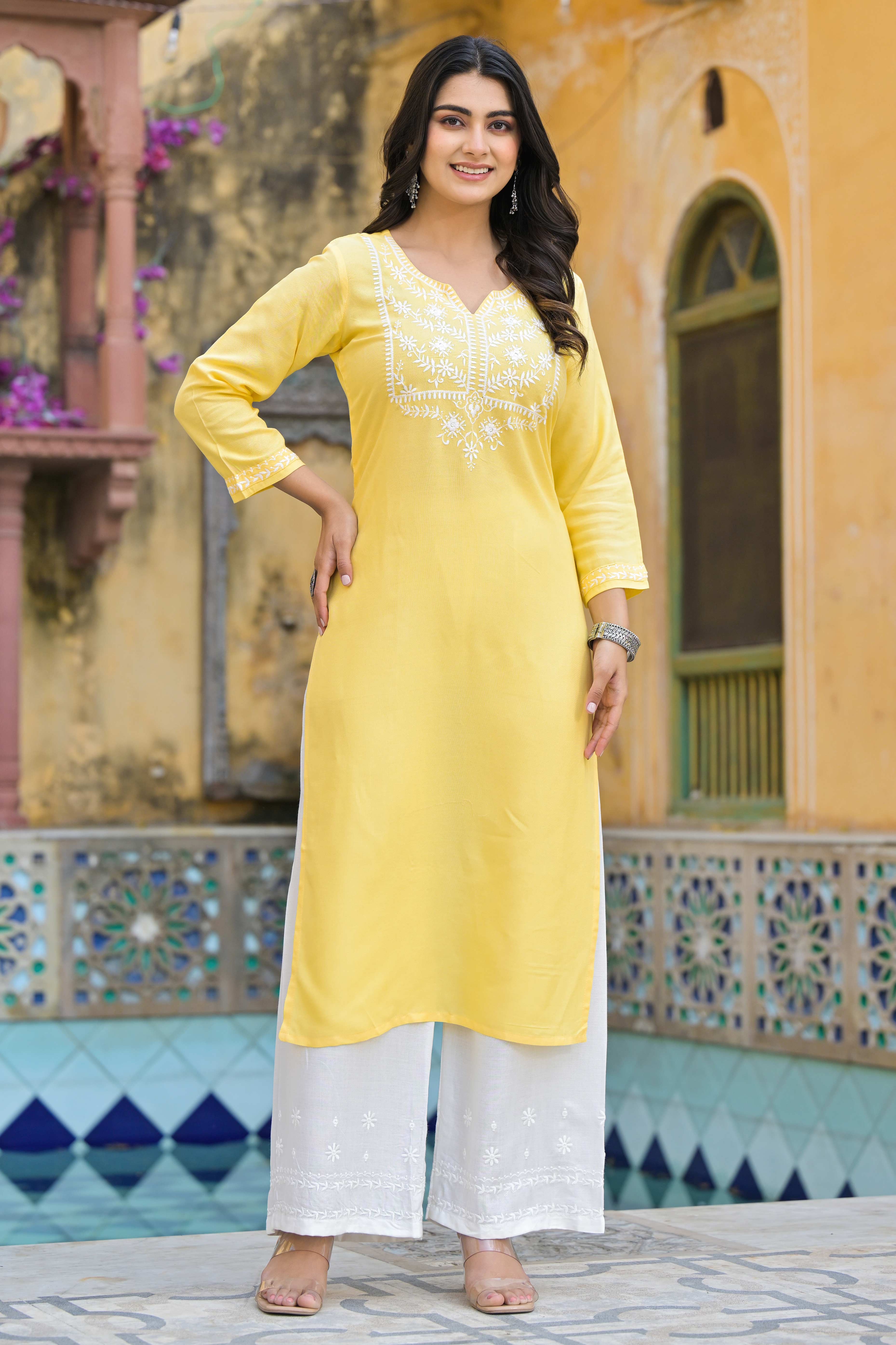 Yellow Floral Embroidered Viscose Rayon Straight Top Bottom Set - Image 3