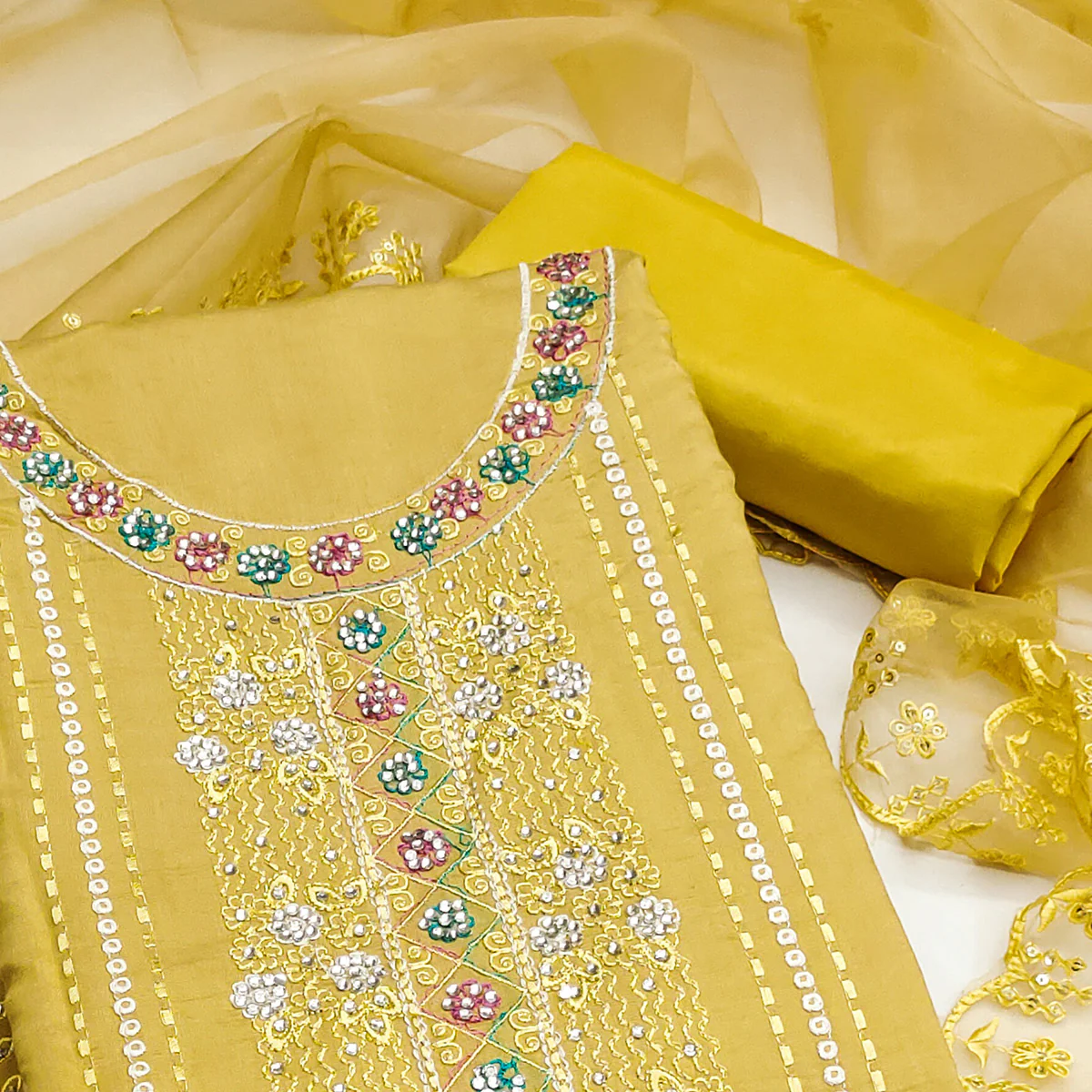 Yellow Floral Embroidery With Stonework Roman Cotton Silk Dress Material - Image 2