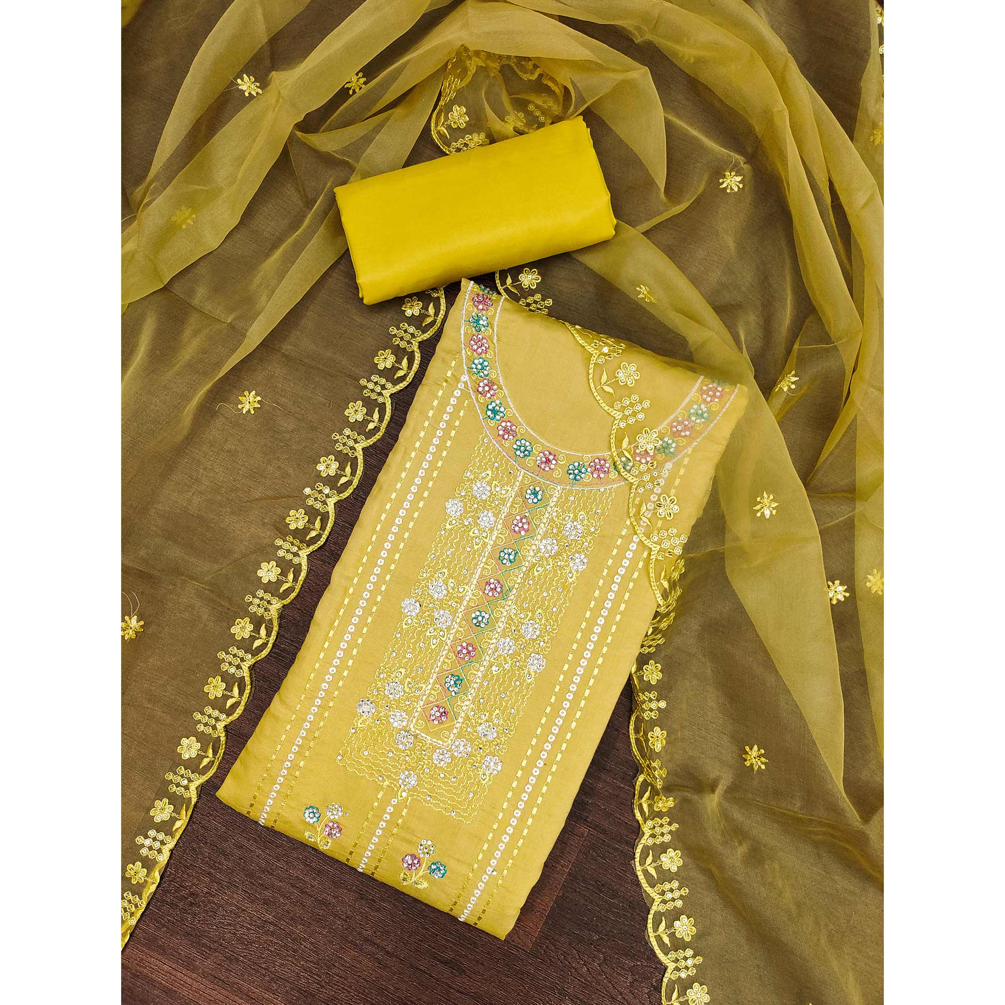 Yellow Floral Embroidery With Stonework Roman Cotton Silk Dress Material - Image 3