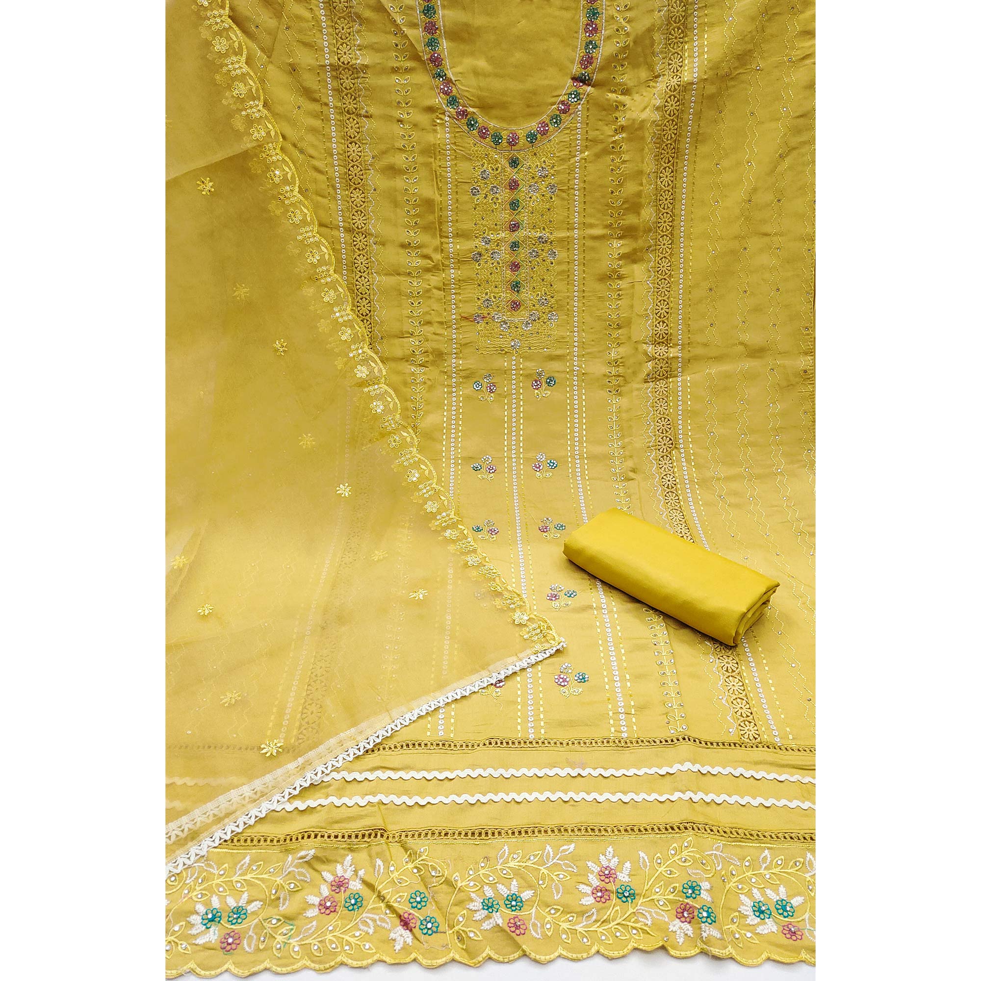 Yellow Floral Embroidery With Stonework Roman Cotton Silk Dress Material - Image 4