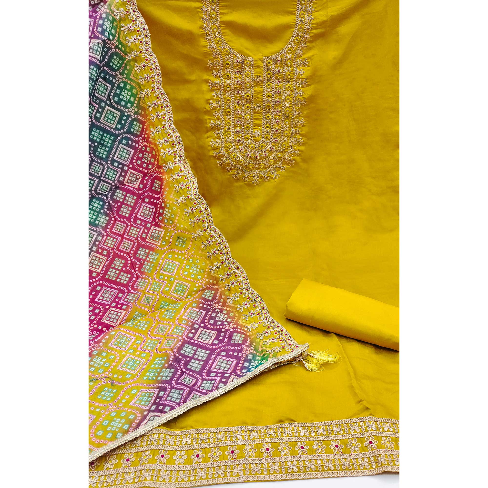Yellow Floral Embroidery With Stonework Roman Cotton Silk Dress Material - Image 4