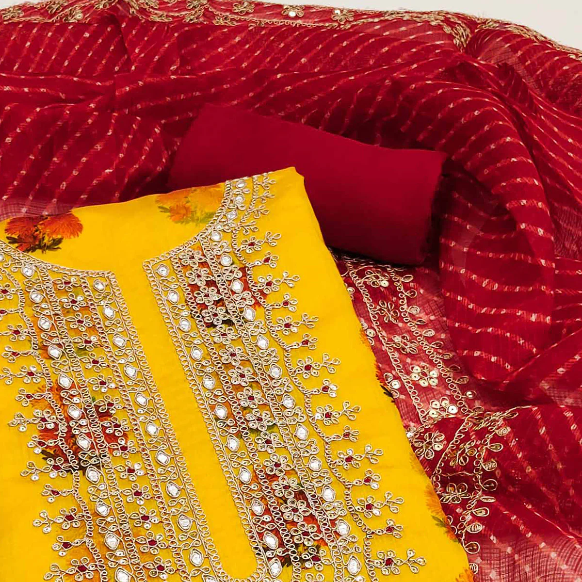 Yellow Floral Printed Chanderi Dress Material - Image 2