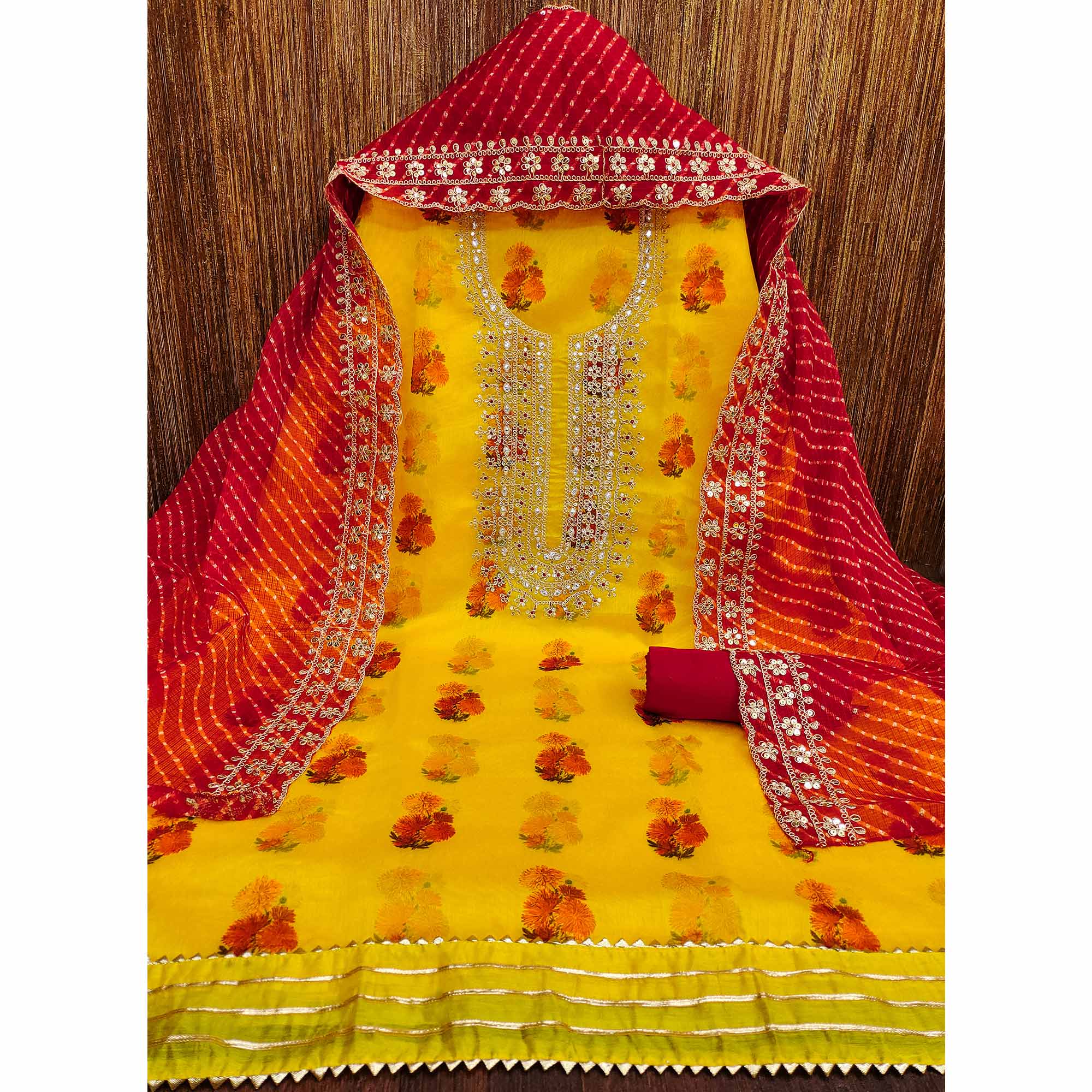 Yellow Floral Printed Chanderi Dress Material - Image 3