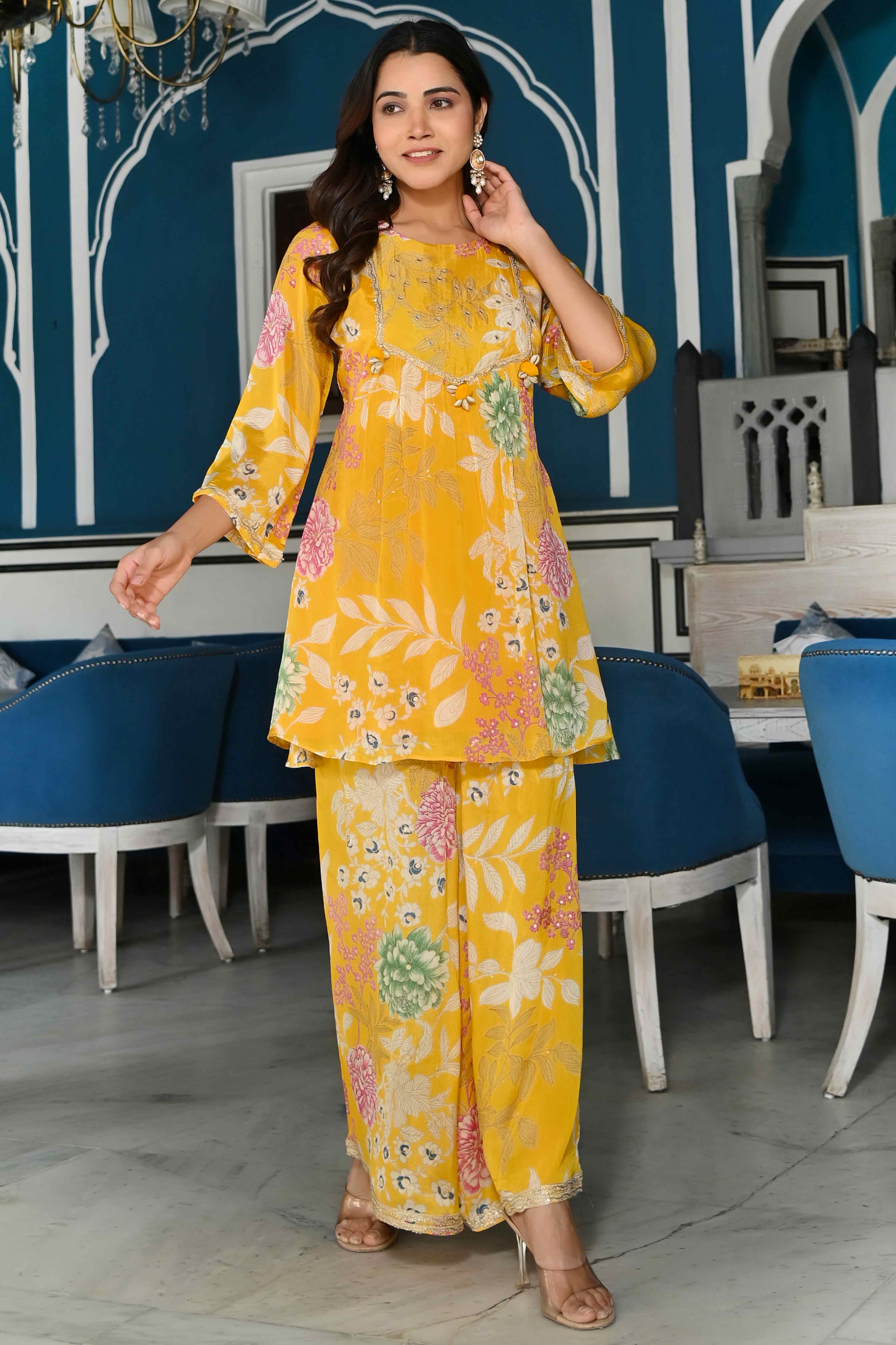 Yellow Floral Printed Chinon Co-Ord Set With Shell Beads Work - Image 4