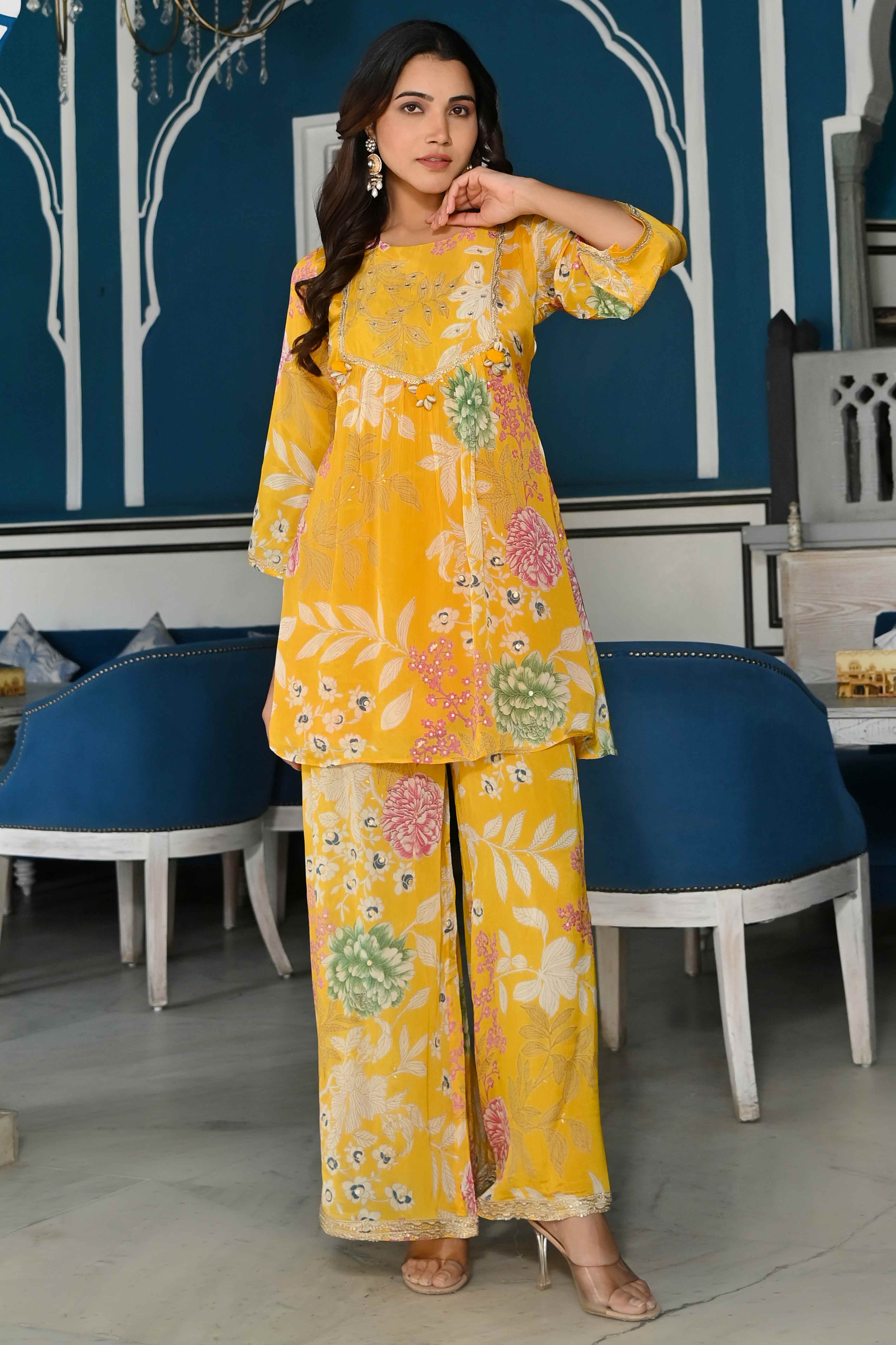Yellow Floral Printed Chinon Co-Ord Set With Shell Beads Work - Image 5