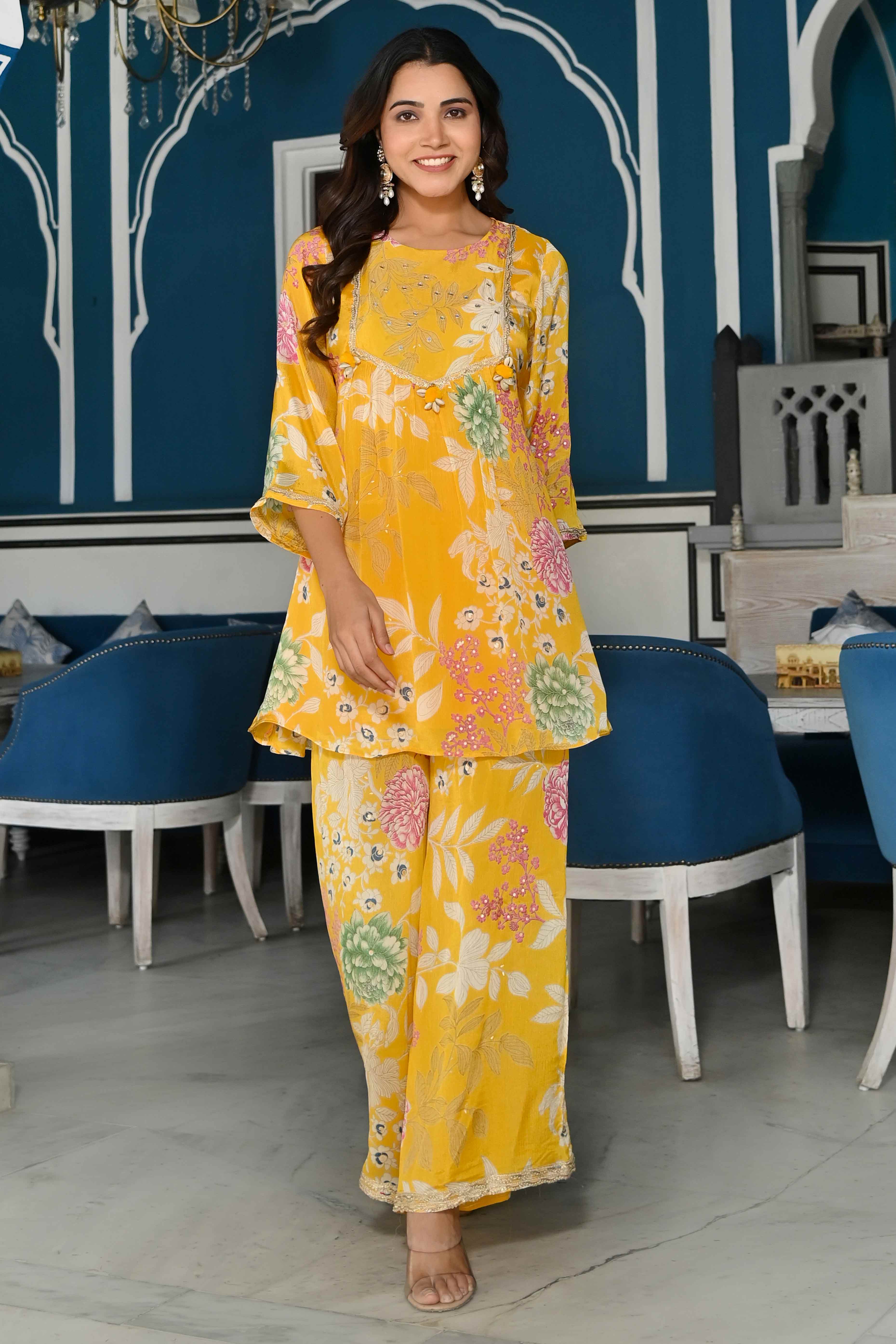 Yellow Floral Printed Chinon Co-Ord Set With Shell Beads Work - Image 6