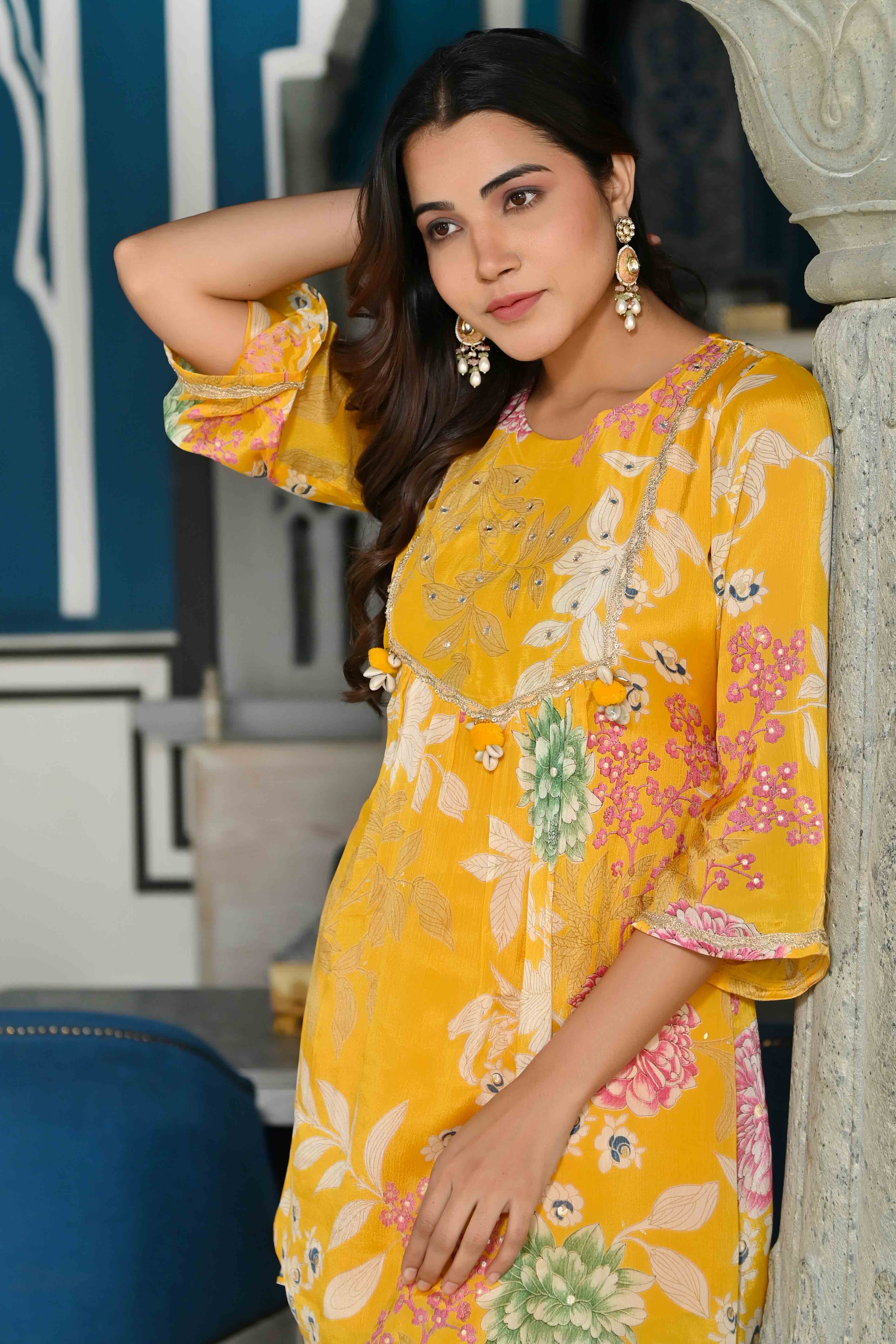 Yellow Floral Printed Chinon Co-Ord Set With Shell Beads Work - Image 7