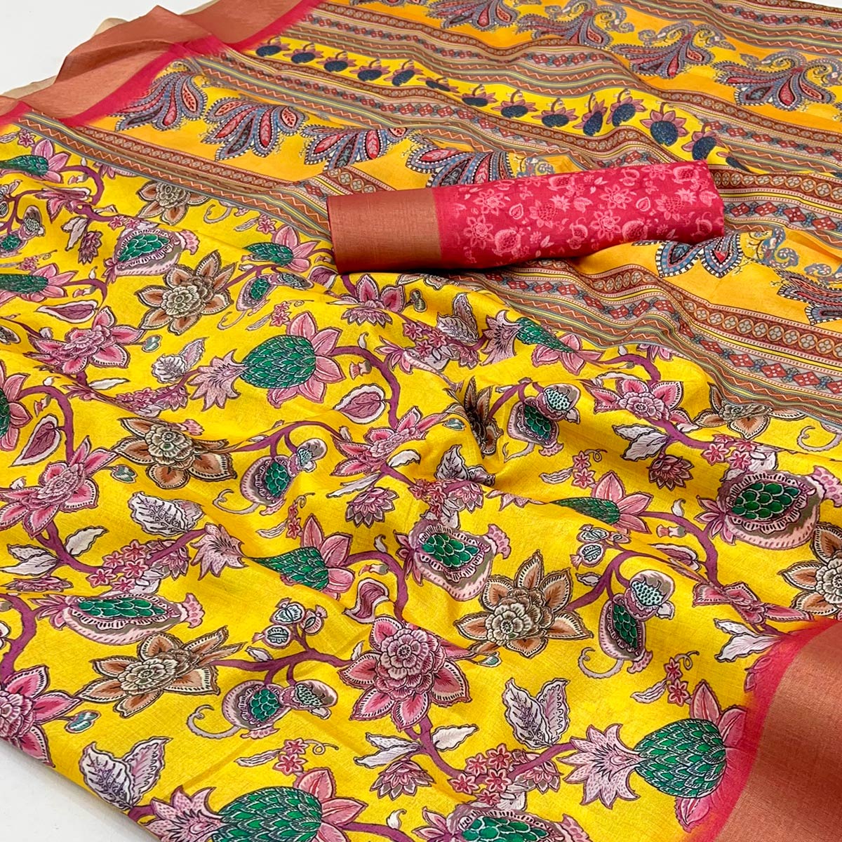 Yellow Floral Printed Cotton Silk Saree With Woven Border - Image 2
