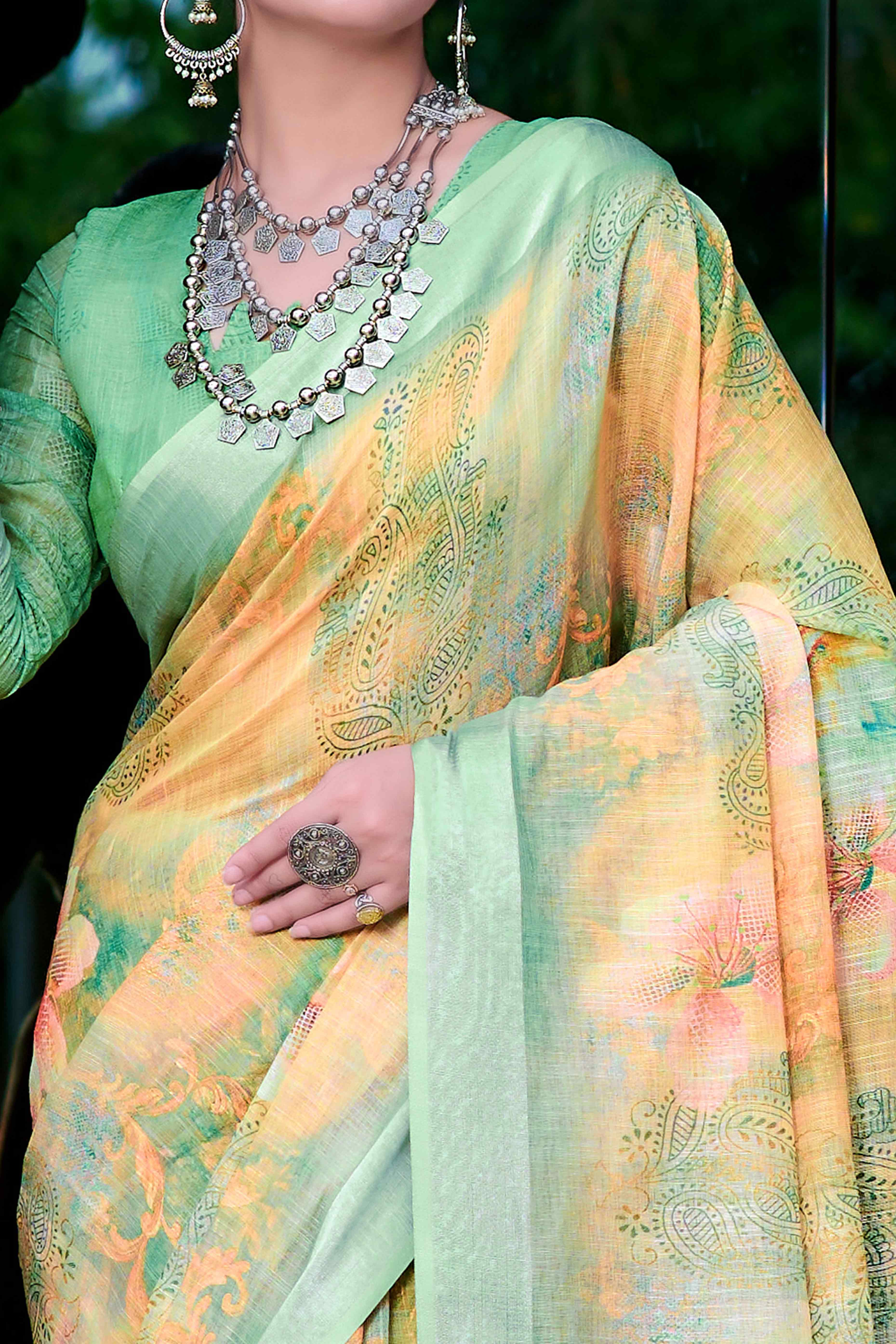Yellow Floral Printed Linen Saree - Image 2