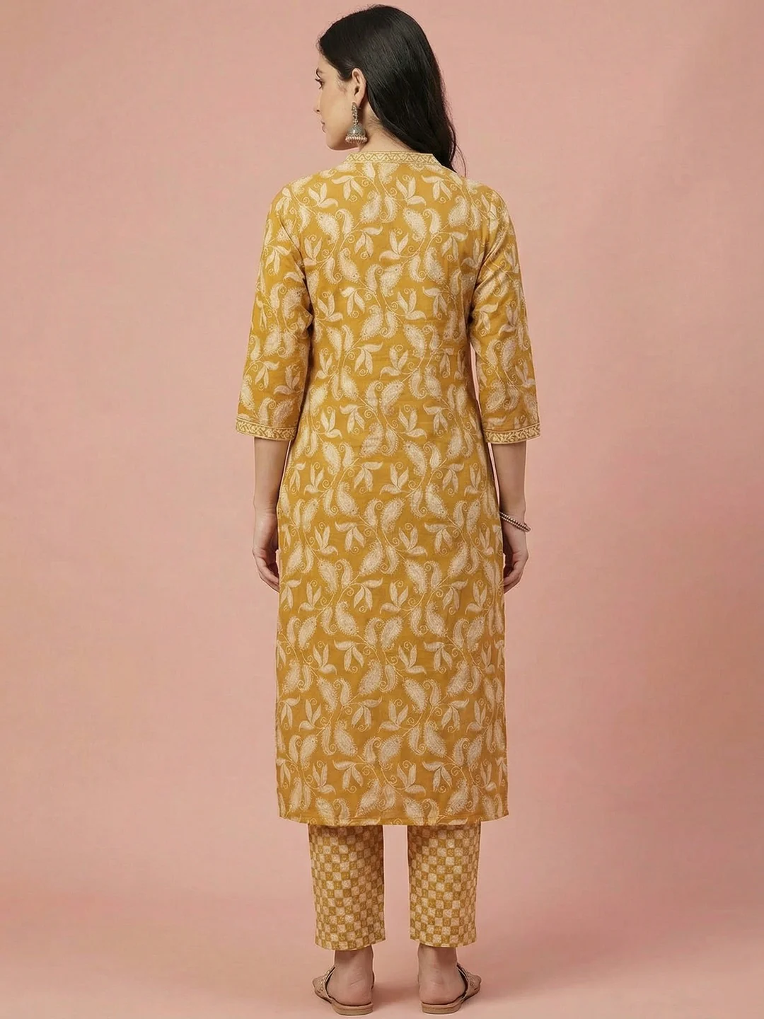 Yellow Floral Printed Pure Cotton Salwar Suit with Mirror Work - Image 3