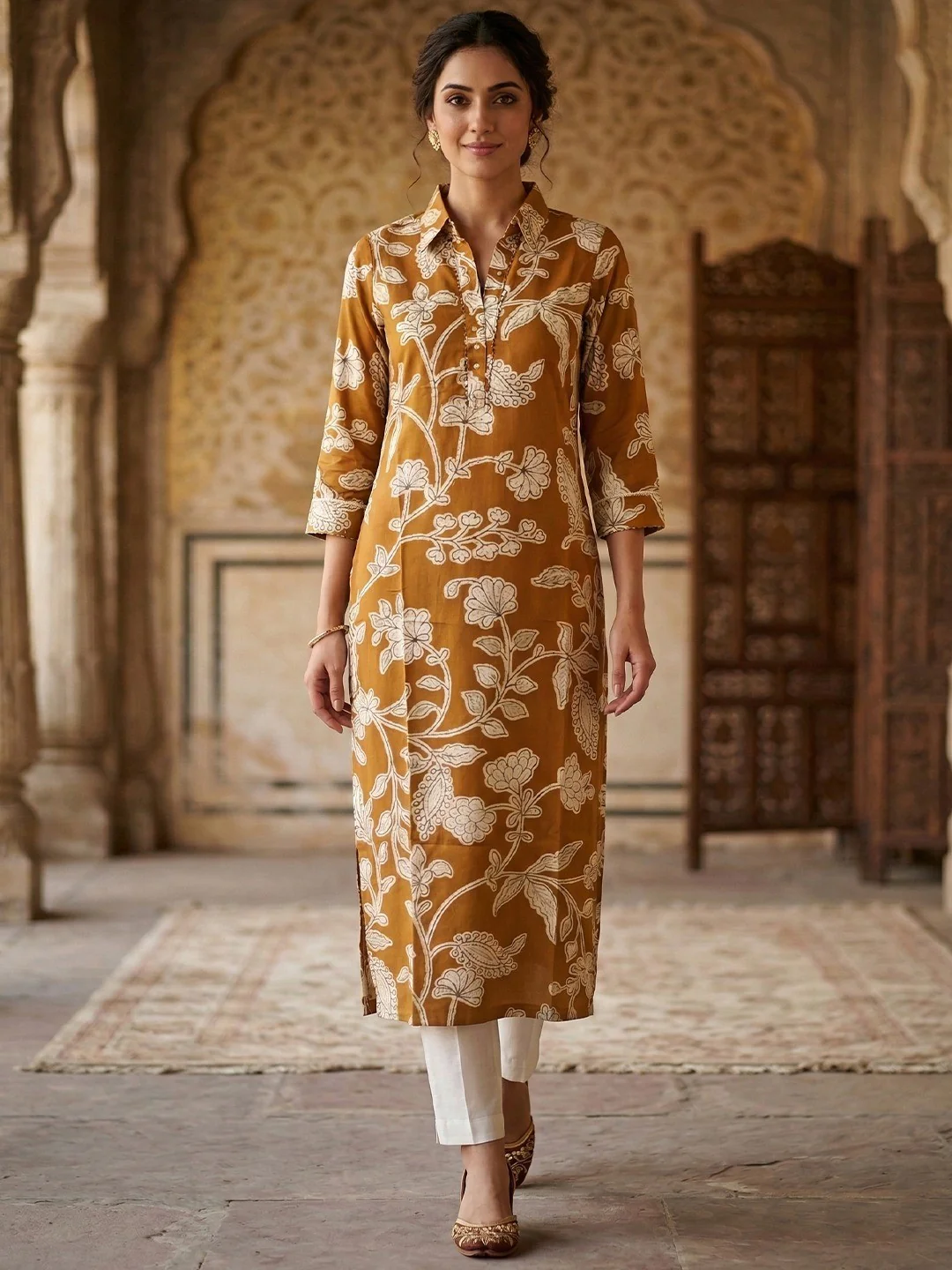 Yellow Floral Printed Rayon Kurti with Collar Neck