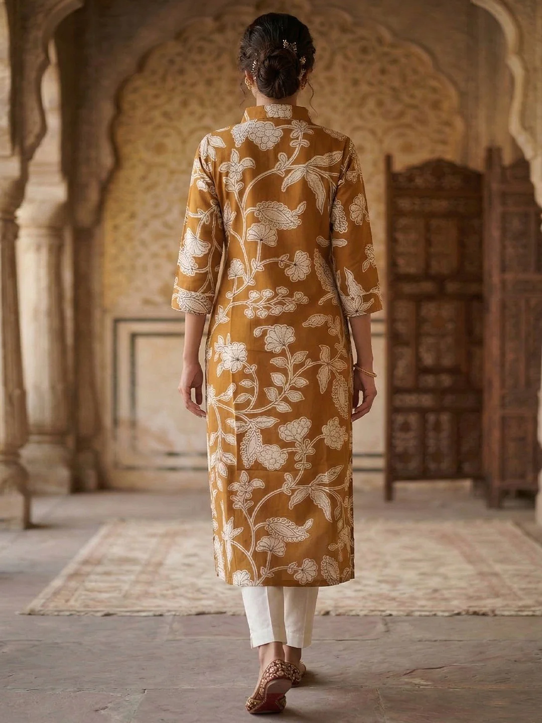 Yellow Floral Printed Rayon Kurti with Collar Neck - Image 3