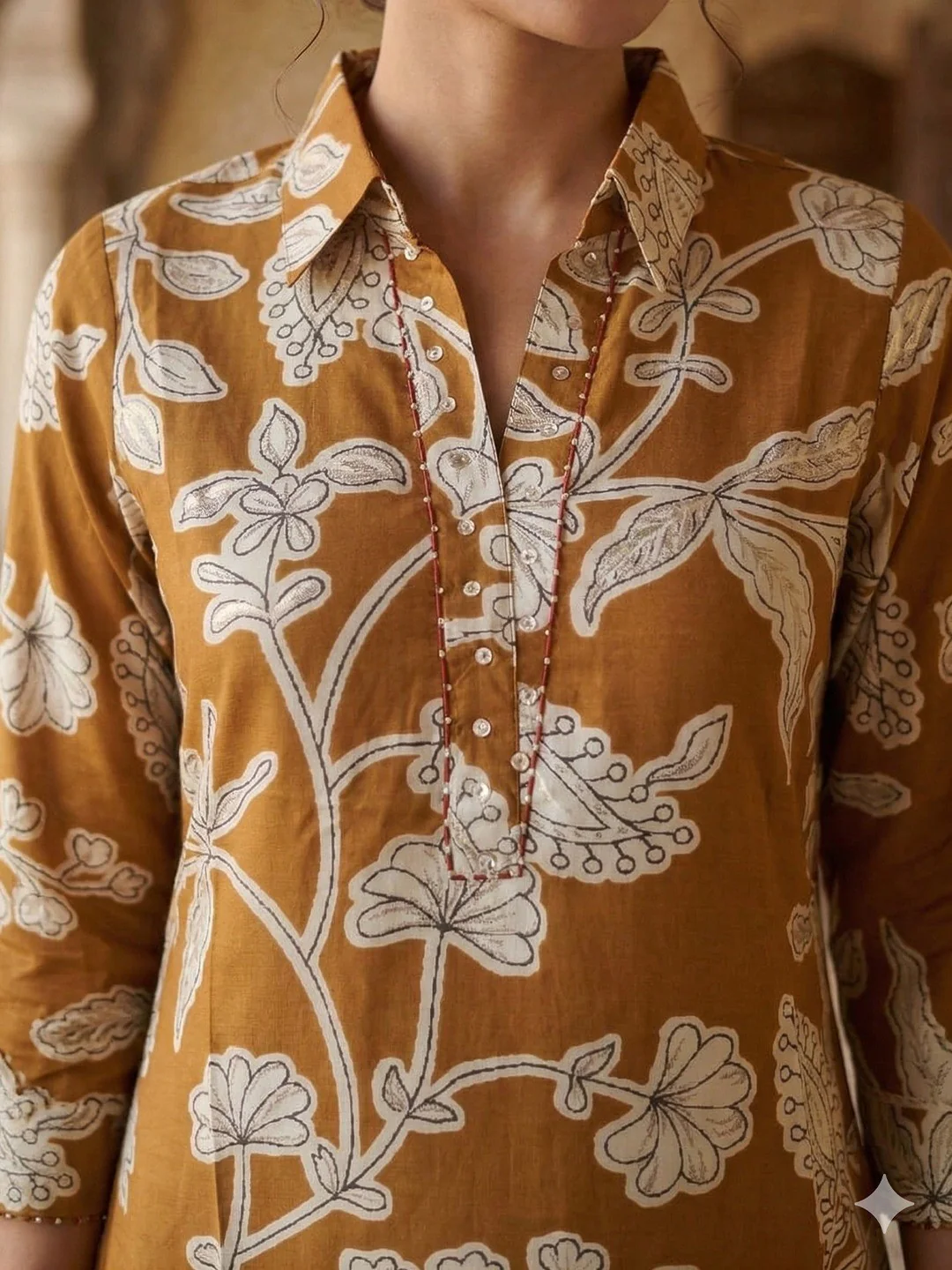 Yellow Floral Printed Rayon Kurti with Collar Neck - Image 4