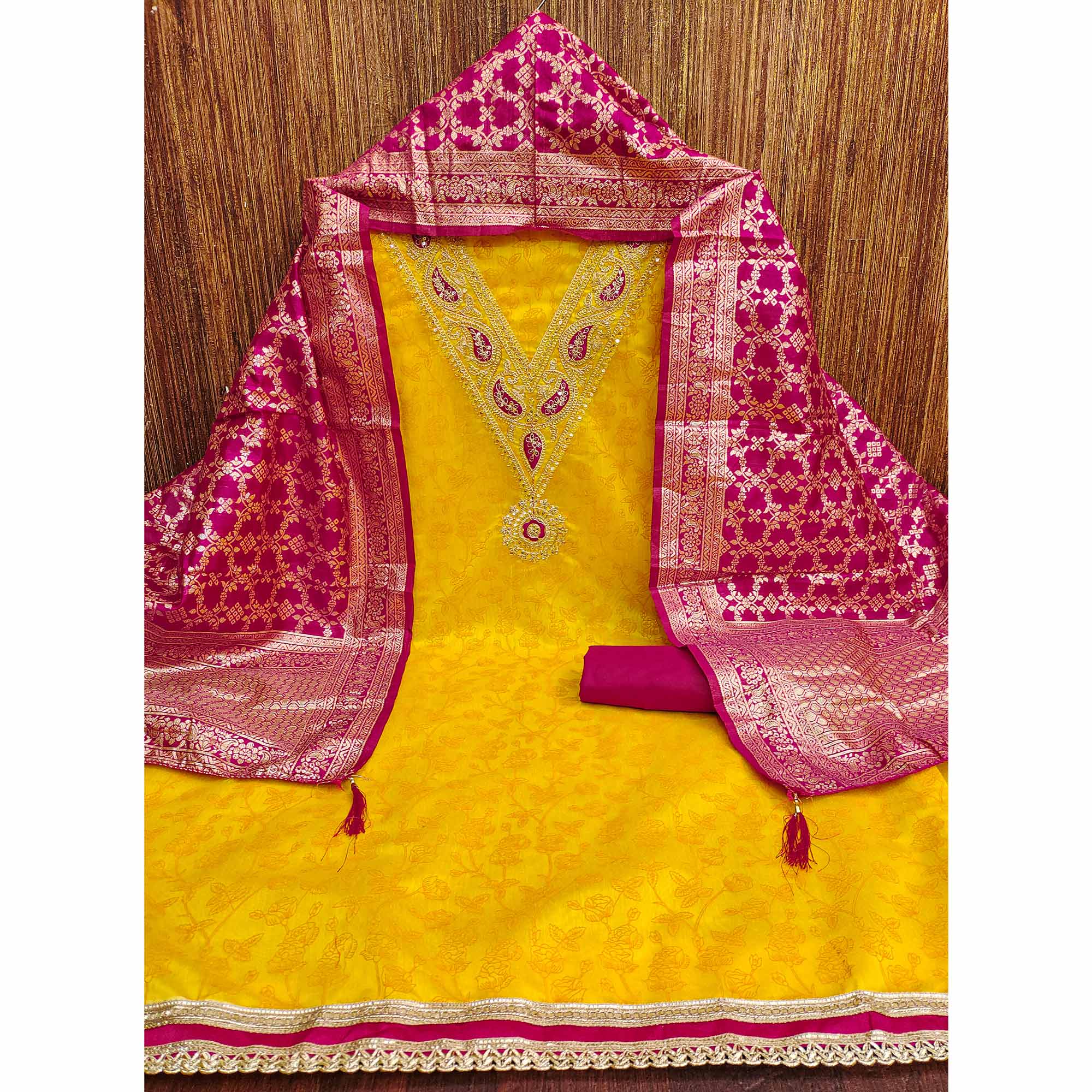 Yellow Floral Printed With Cording Sequins Embroidery Chanderi Silk Dress Material - Image 4