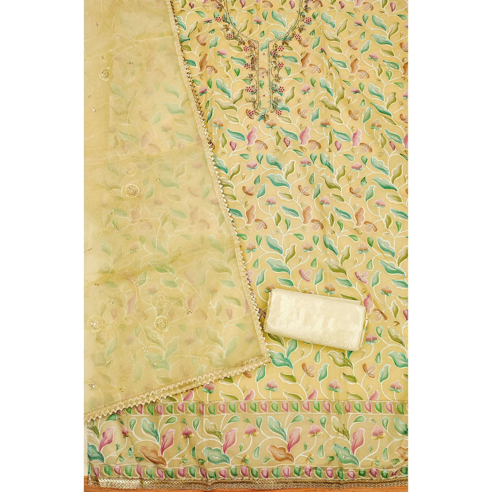Yellow Floral Printed With Hand Embroidered Organza Dress Material - Image 4