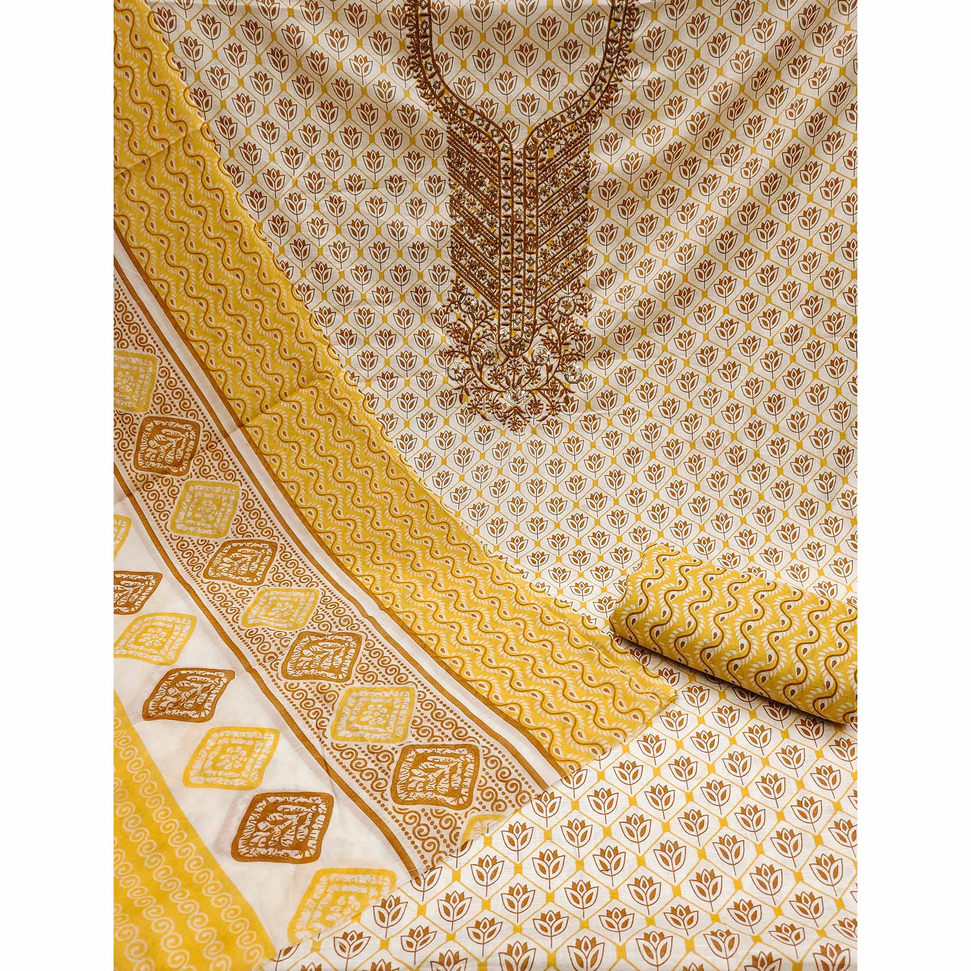 Yellow Floral Printed With Sequins Embroidered Pure Cotton Dress Material - Image 3
