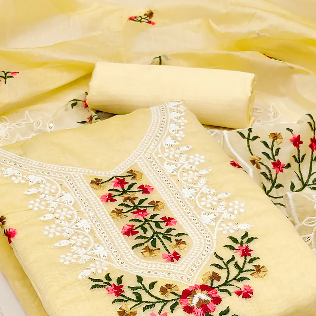 Yellow Floral Sequins Embroidered Chanderi Dress Material - Image 2