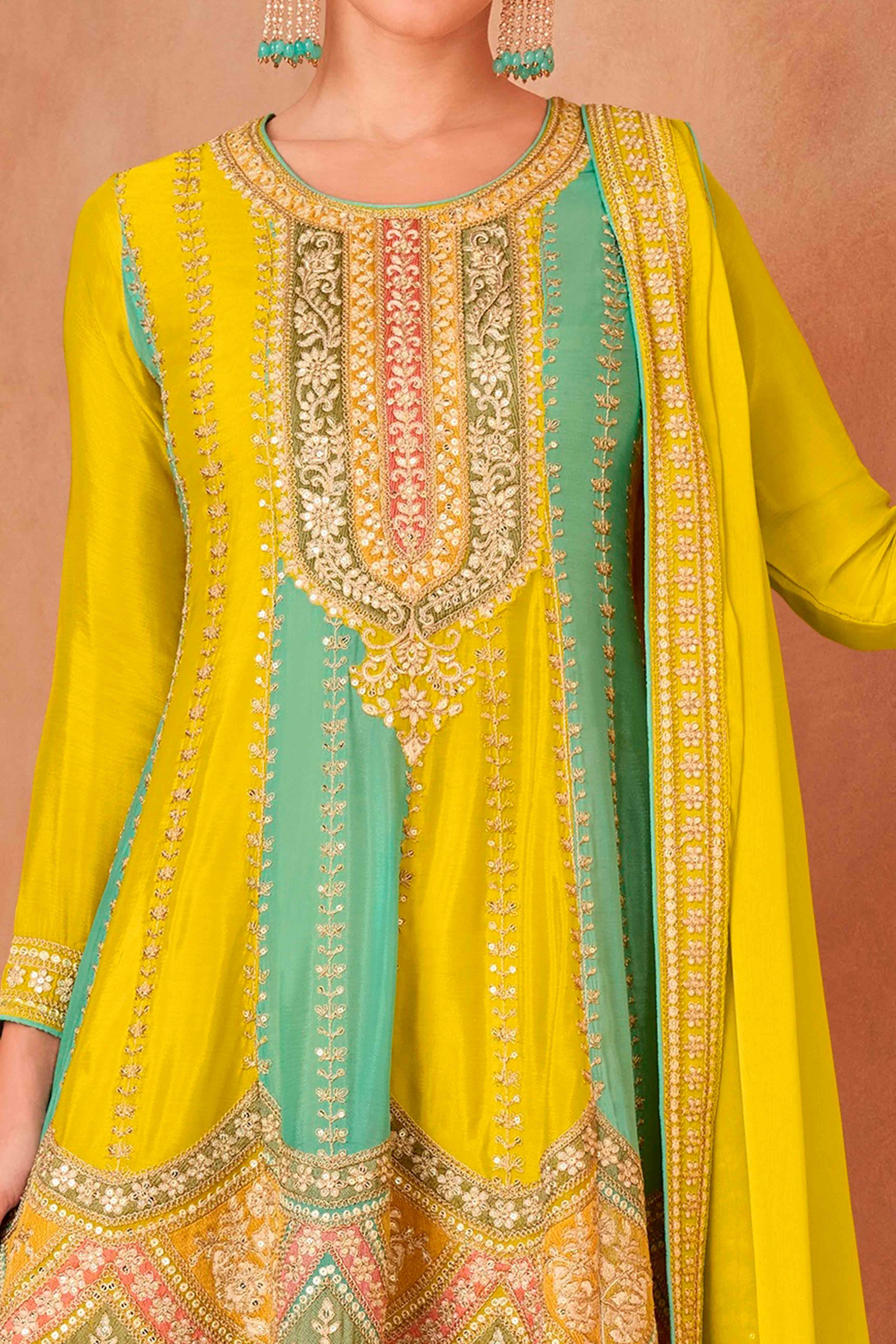 Yellow Floral Sequins Embroidered Chinon Sharara Suit - Image 2