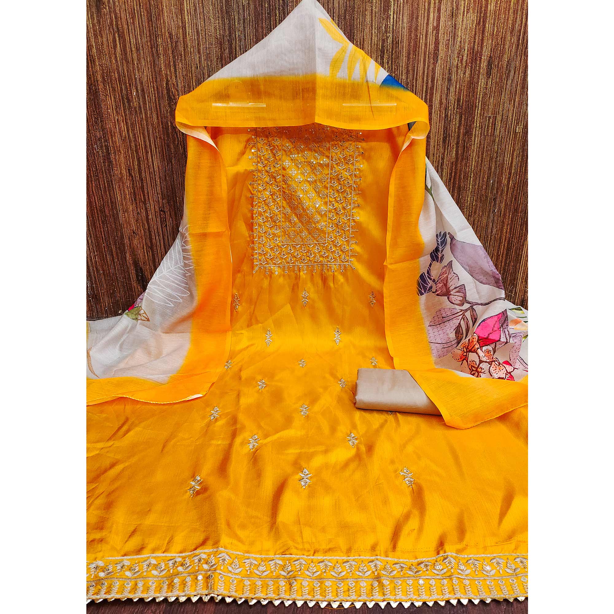 Yellow Floral Sequins Embroidered Cotton Blend Dress Material - Image 3