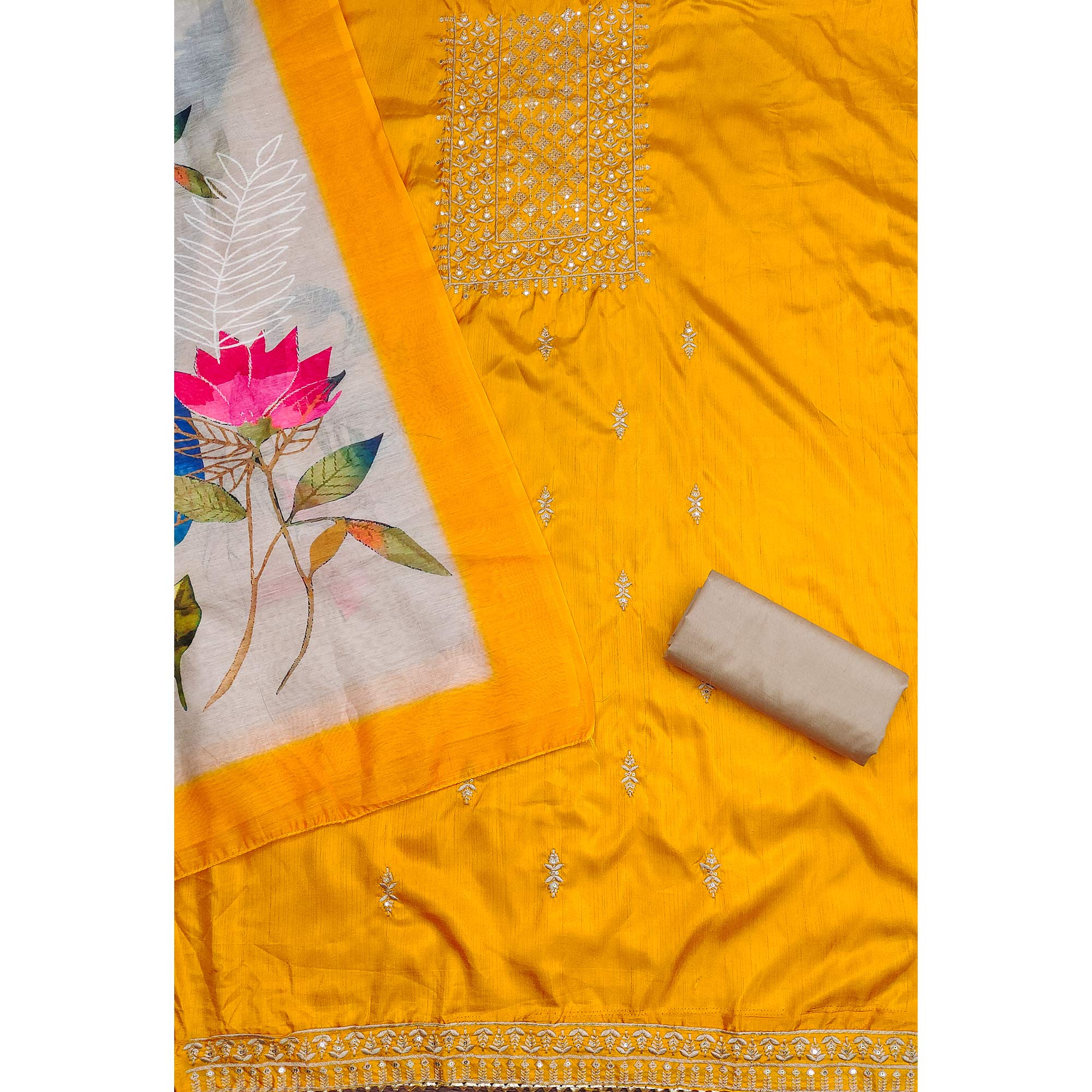 Yellow Floral Sequins Embroidered Cotton Blend Dress Material - Image 4
