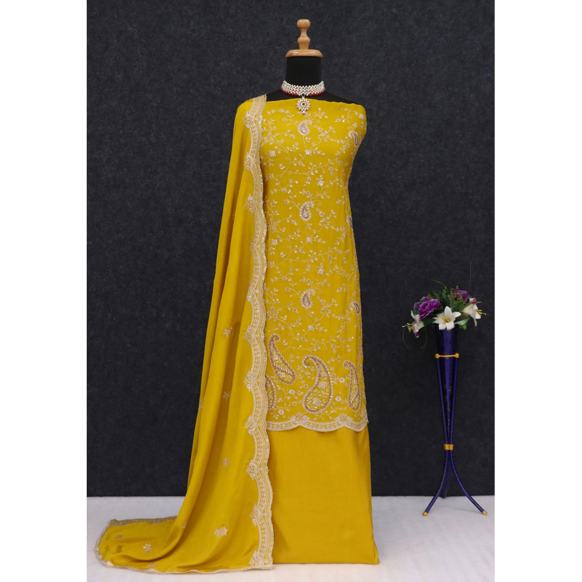 Yellow Floral Sequins Embroidered Georgette Semi Stitched Salwar Suit - Image 5