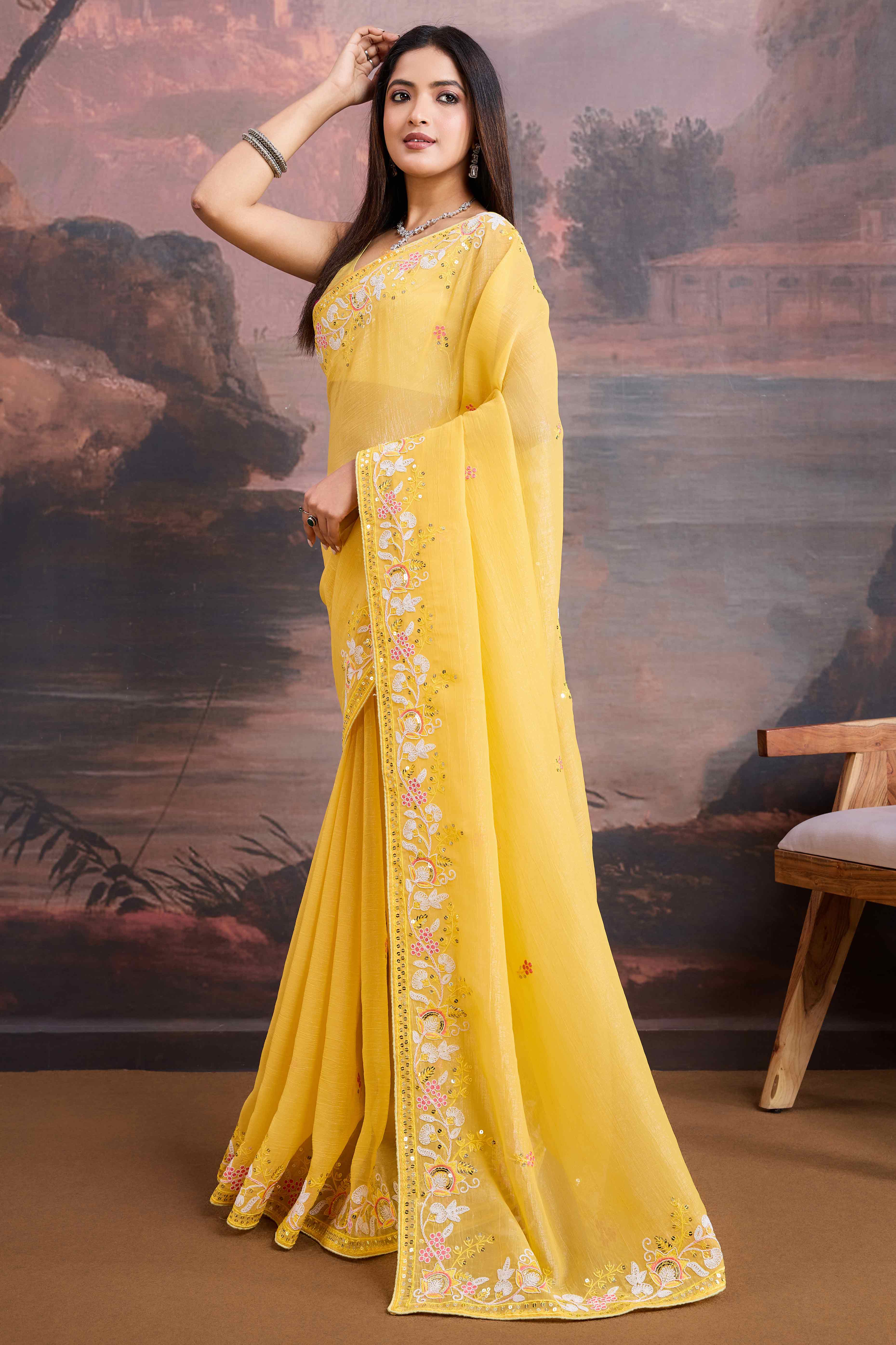 Yellow Floral Sequins Embroidered Organza Saree - Image 4