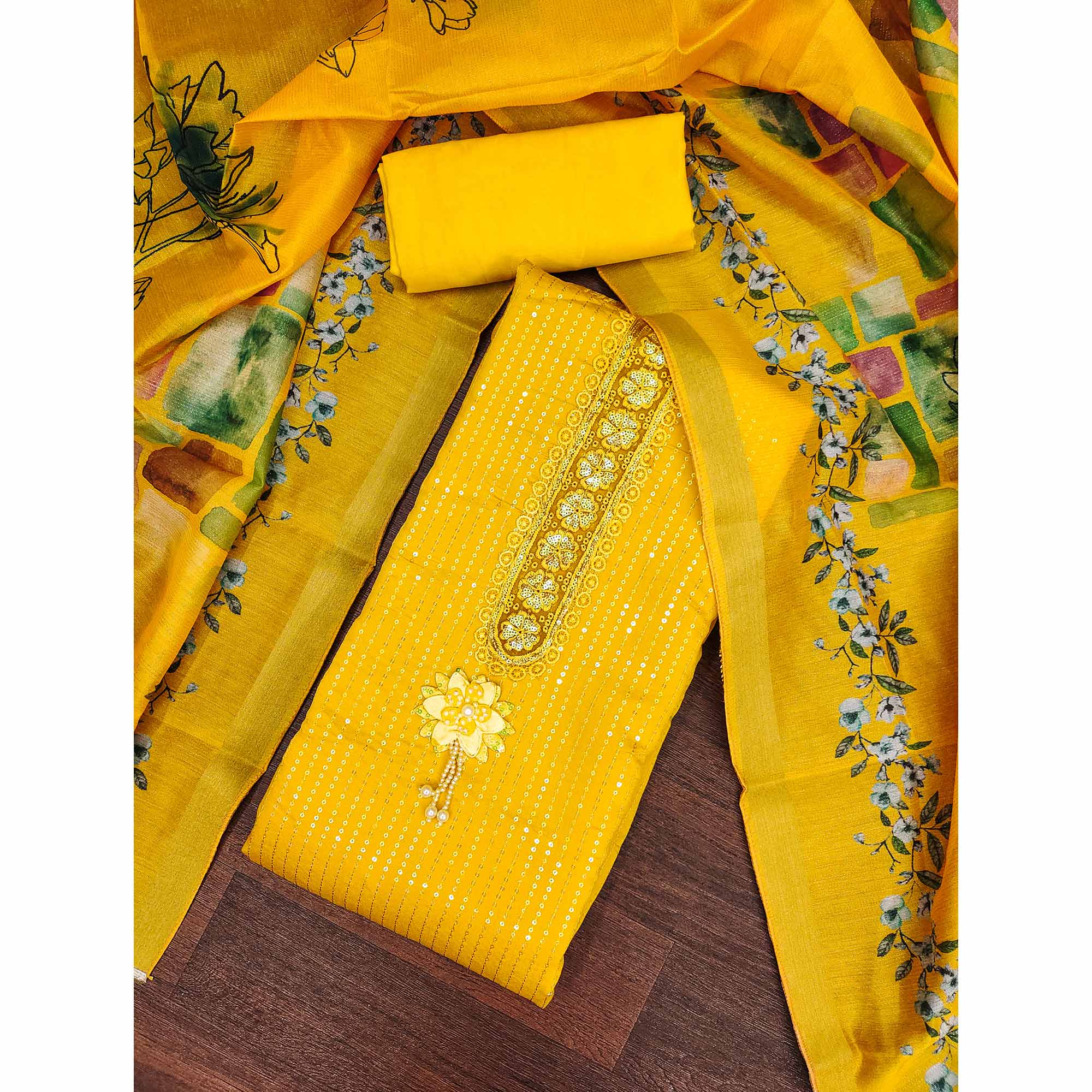 Yellow Floral Sequins Embroidery Cotton Roman Silk Dress Material - Image 3