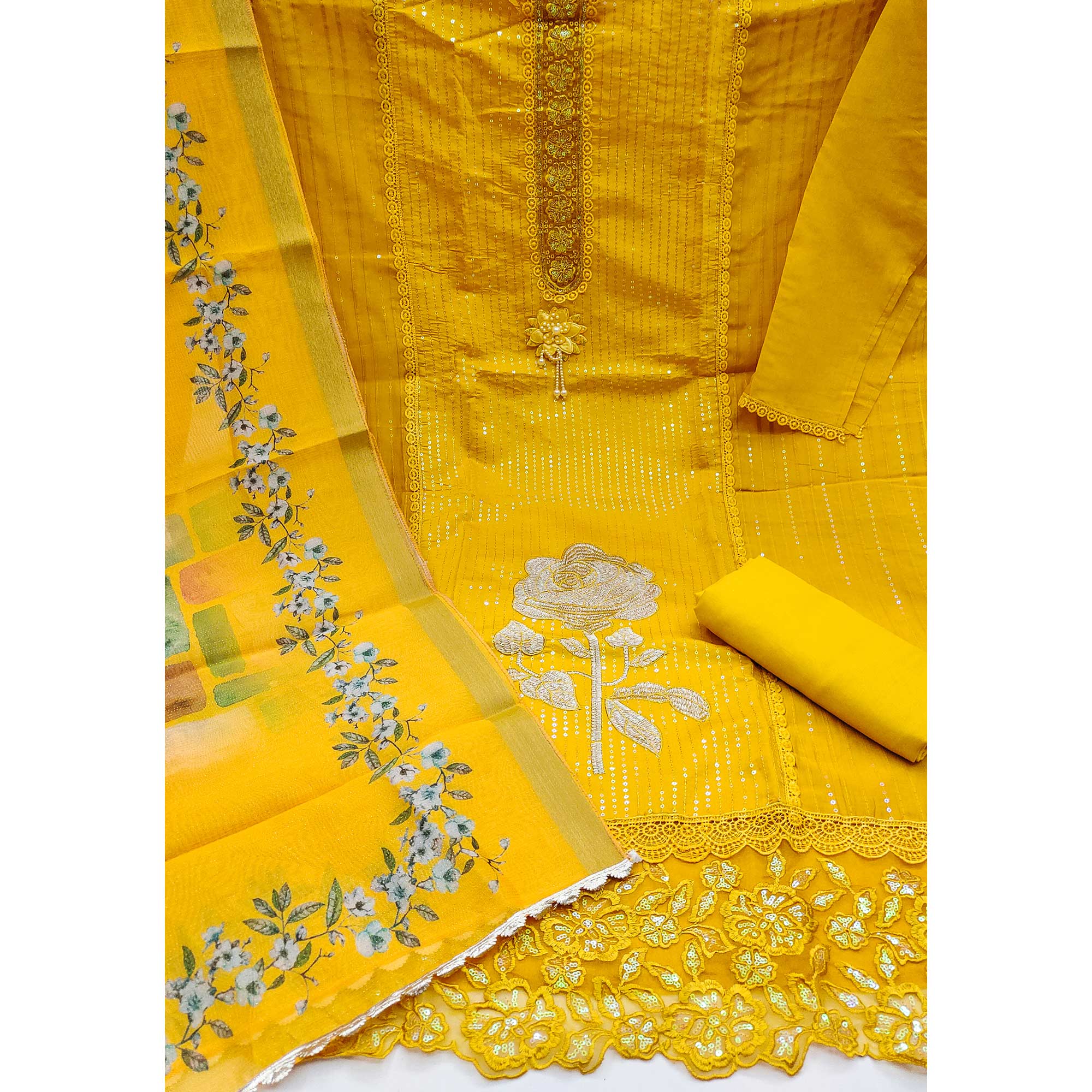Yellow Floral Sequins Embroidery Cotton Roman Silk Dress Material - Image 4